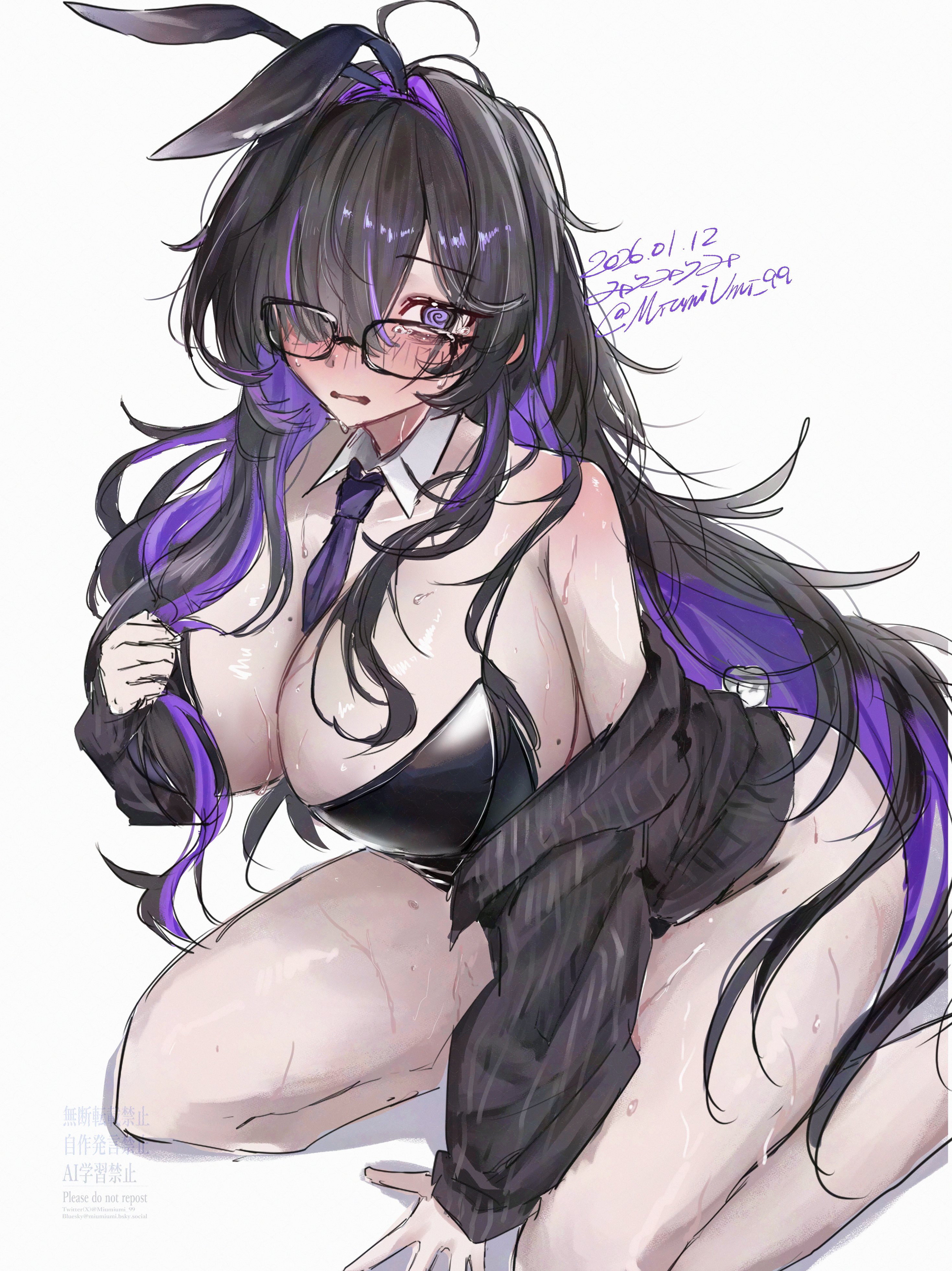 absurdres, animal ears, bare shoulders, between breasts, black cardigan, black hair, black leotard, black-framed eyewear, blush, breasts, cardigan, cleavage, colored inner hair, commentary request, detached collar, fake animal ears, fake tail, female, glasses, goddess of victory: nikke, hair over one eye, highres, label (nikke), large breasts, leotard, long hair, looking at viewer, miumiumi 99, mole, mole on breast, multicolored hair, necktie, necktie between breasts, one eye covered, open cardigan, open clothes, open mouth, playboy bunny, purple eyes, purple hair, purple necktie, rabbit ears, rabbit tail, seiza, simple background, sitting, solo, sweat, tail, very long hair