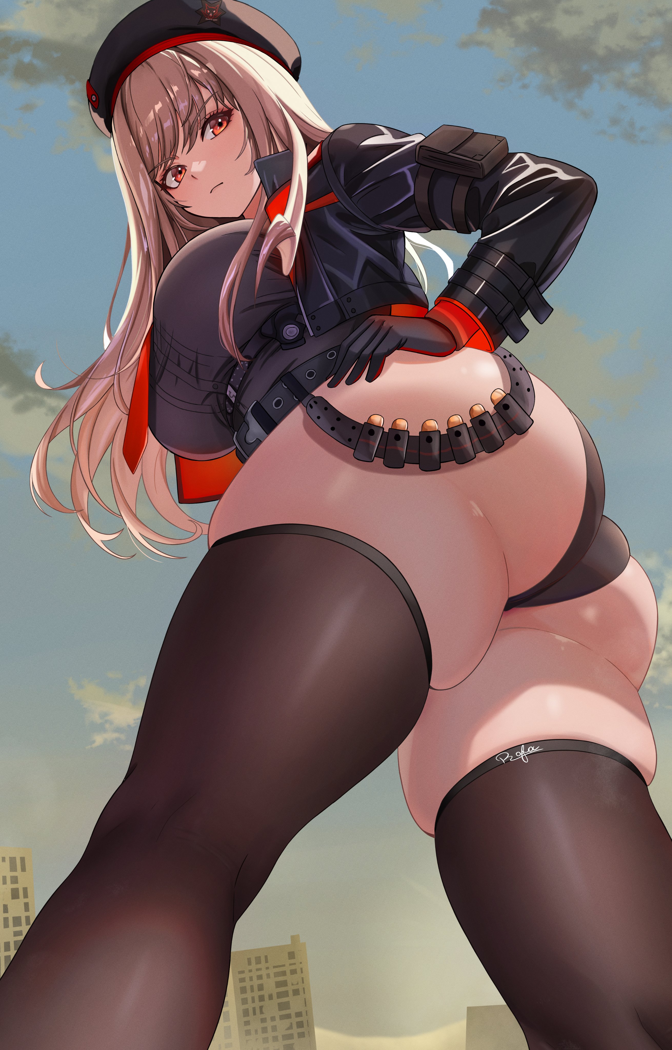 1girls, absurdres, ass, beret, black gloves, black hat, black jacket, black shirt, black shorts, breasts, brown hair, brown thighhighs, closed mouth, commentary, english commentary, feet out of frame, female, female only, from below, gloves, goddess of victory: nikke, hand on own hip, hat, highres, jacket, large breasts, long hair, long sleeves, looking at viewer, necktie, rapi (nikke), red eyes, red necktie, shirt, short shorts, shorts, signature, sky, solo, standing, string rafart, thighhighs