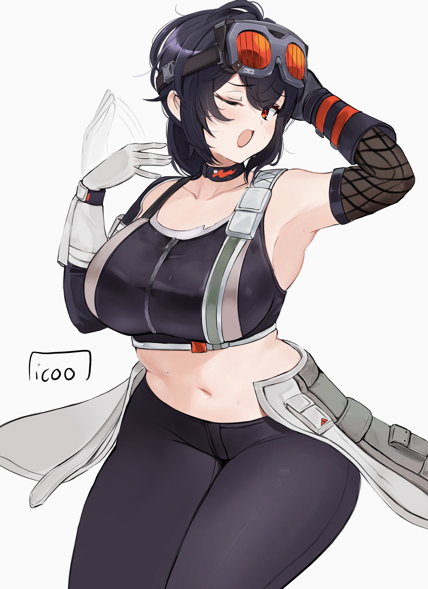 1girls, ahoge, alternate body size, bare shoulders, black choker, black gloves, black hair, blush, breasts, choker, cleavage, crop top, female, female only, gloves, goggles, goggles on head, grace howard, hair between eyes, highres, icoo, large breasts, long hair, navel, orange eyes, pants, plump, solo, sports bra, sweat, yawning, zenless zone zero