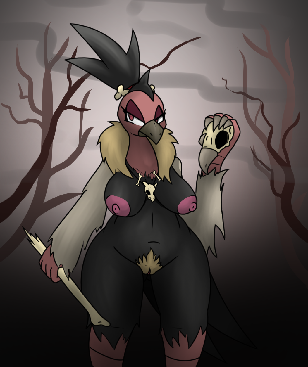 avian beak bird bone breasts female female_focus female_only iguanasarecool jewelry mandibuzz necklace nintendo nipples pokémon_(species) pokemon pubes pussy red_eyes skull talons tree video_games vulture wide_hips