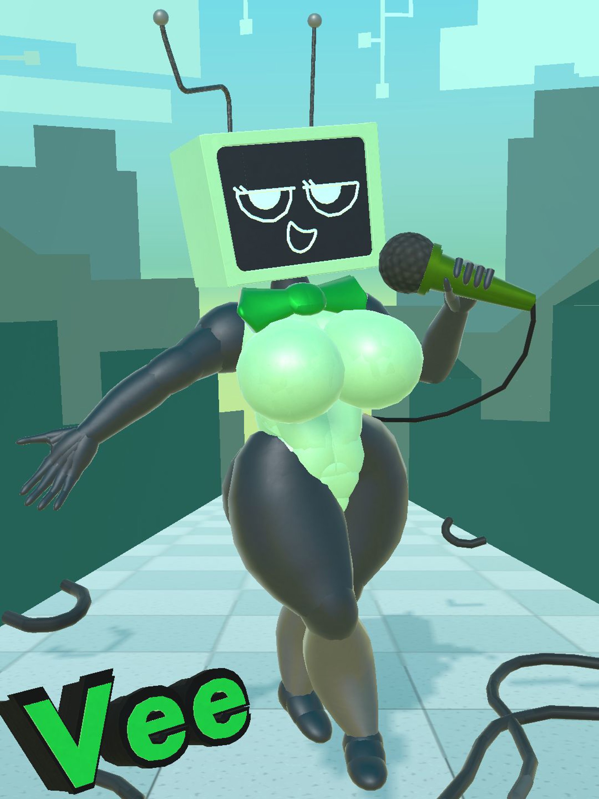3d, 3d (artwork), 5 fingers, antenna, antenna wire, antennae, background, barefoot, big ass, big breasts, big thighs, black arms, black legs, block head, blushcrunch studio, bow tie, bowtie, box head, breasts, building, buildings, busty, busty female, busty girl, dandy's world, dandys world, eyelashes, green body, green bow, green bowtie, green face, green torso, high quality, holding microphone, holding object, leotard, microphone, microphone tail, microphone wire, no nipples, no toes, nsfw version available, null, open mouth, posing, posing for picture, poster, rec room, recroom, recroom-nsfw, robot, robot girl, robot humanoid, screen, screen face, self upload, sfw, shaded, simple eyes, simple face, syntholsoul, text, thick thighs, thighs, titties, tv, tv face, tv head, tv screen, tv woman, tvwoman, vee (dandy's world), wire, wires