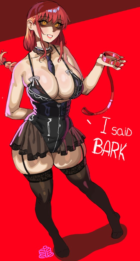 1girls, alternate breast size (larger), artist logo, between breasts, black leotard, black necktie, black thighhighs, braid, breasts, chainsaw man, cleavage, collar, detached collar, english text, female, full body, holding, holding collar, large breasts, leash, leotard, logo, long hair, makima (chainsaw man), necktie, necktie between breasts, pankekes, red background, red hair, ringed eyes, single braid, skindentation, solo, standing, thighhighs, yellow eyes