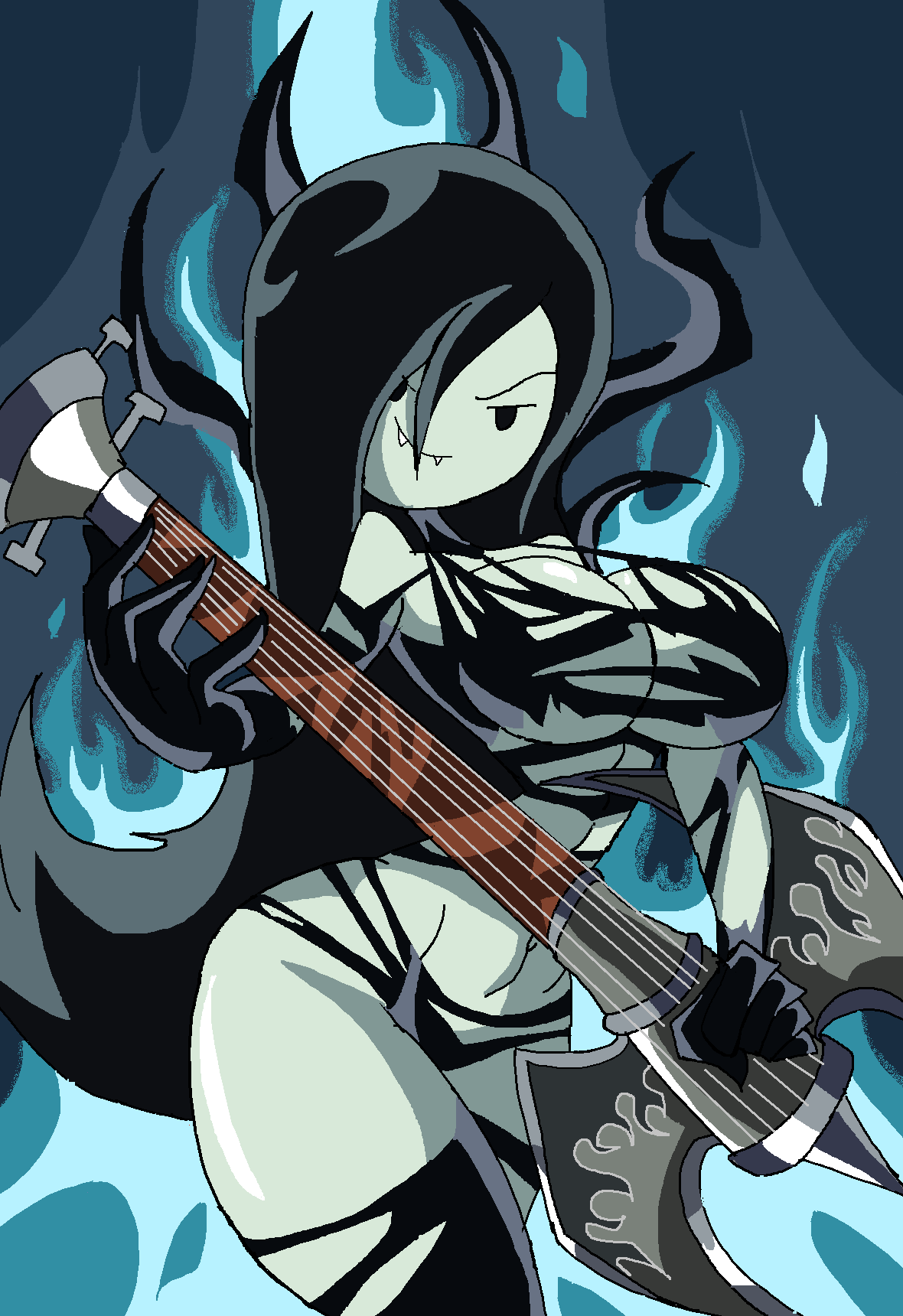 1girls adventure_time arms_up bare_shoulders big_breasts black_gloves black_hair blue_flame brutal_legend busty cartoon_network cleavage cosplay crossover curvy demon demon_girl detailed_background drowned_ophelia emo female female_only flame front_view gloves guitar holding_object hourglass_figure humanoid long_hair looking_at_viewer manic47 marceline midriff monster monster_girl pose posing shiny shiny_skin solo standing vampire very_long_hair video_game video_games voluptuous weapon wide_hips