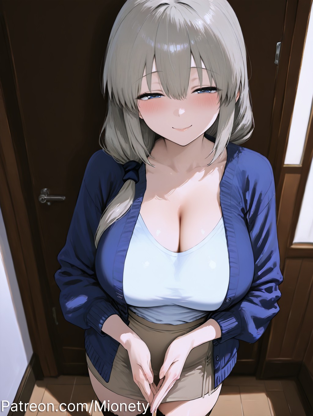 ai generated, artist name, blue eyes, blue jacket, blush, breasts, cleavage, closed mouth, collarbone, cowboy shot, denim, door, doorway, female, grey hair, grey skirt, hair between eyes, hair over shoulder, half-closed eyes, indoors, jacket, large breasts, long hair, long sleeves, looking at viewer, low ponytail, mature female, miniskirt, mionety, open clothes, open door, open jacket, own hands together, patreon username, pencil skirt, pov doorway, shirt, shirt tucked in, shorts, skirt, smile, solo, standing, thighs, twitter username, unusually open eyes, uzaki tsuki, uzaki-chan wa asobitai!, white shirt, wooden floor
