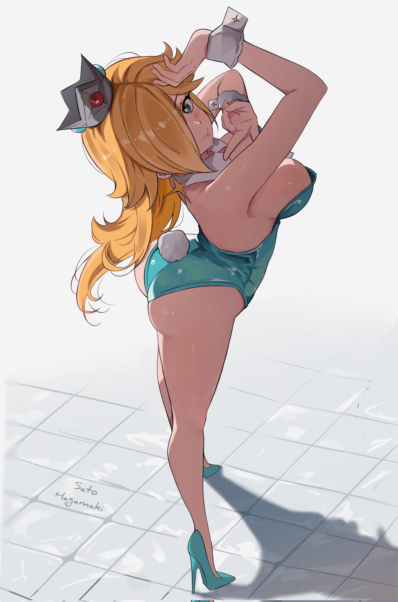 alternate breast size (larger), alternate costume, animal ears, arm support, artist name, ass, bare shoulders, blonde hair, blue background, blue eyes, blue leotard, blue shoes, blush, border, breasts, closed mouth, commentary, commentary request, corrupted twitter file, covered navel, cowboy shot, crown, detached collar, earrings, english commentary, fake animal ears, fake tail, female, flipped hair, full body, hair over one eye, hand up, heart, high heels, highleg, highleg leotard, highres, jewelry, large breasts, leotard, long hair, looking at viewer, mario (series), nintendo, playboy bunny, princess rosalina, rabbit ears, rabbit tail, rosalina, sato hagamaki, shoes, silver crown, simple background, solo, spanish commentary, standing, star (symbol), star earrings, strapless, strapless leotard, super mario bros., super mario galaxy, tail, white border, white wrist cuffs, wrist cuffs