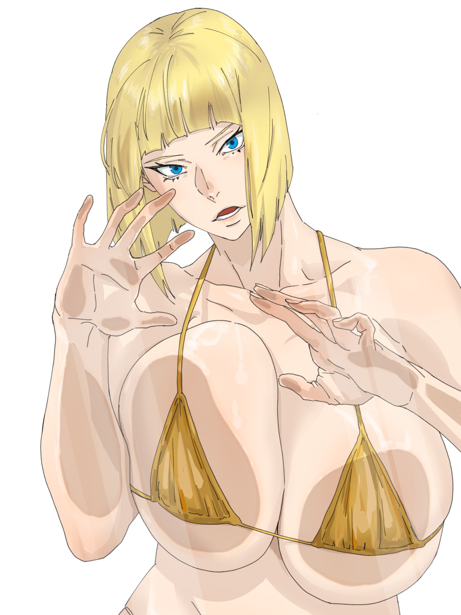1girls, against fourth wall, bikini, blonde hair, blue eyes, bob cut, breast press, breasts, female, hands up, highres, large breasts, mattsun (lyohei), mattsunart, naruto, naruto (series), naruto shippuden, open mouth, samui, short hair, solo, standing, swimsuit, upper body, voluptuous, white background, yellow bikini