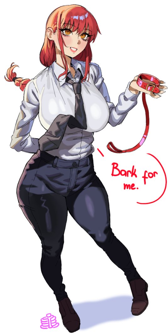 1girls, artist logo, black necktie, black pants, braid, breasts, brown shoes, chainsaw man, collar, collared shirt, dress shoes, english text, female, formal clothes, full body, holding, holding collar, large breasts, leash, logo, long hair, makima (chainsaw man), necktie, pankekes, pant suit, pants, red hair, ringed eyes, shirt, shoes, simple background, single braid, solo, standing, suit, white background, white shirt, yellow eyes