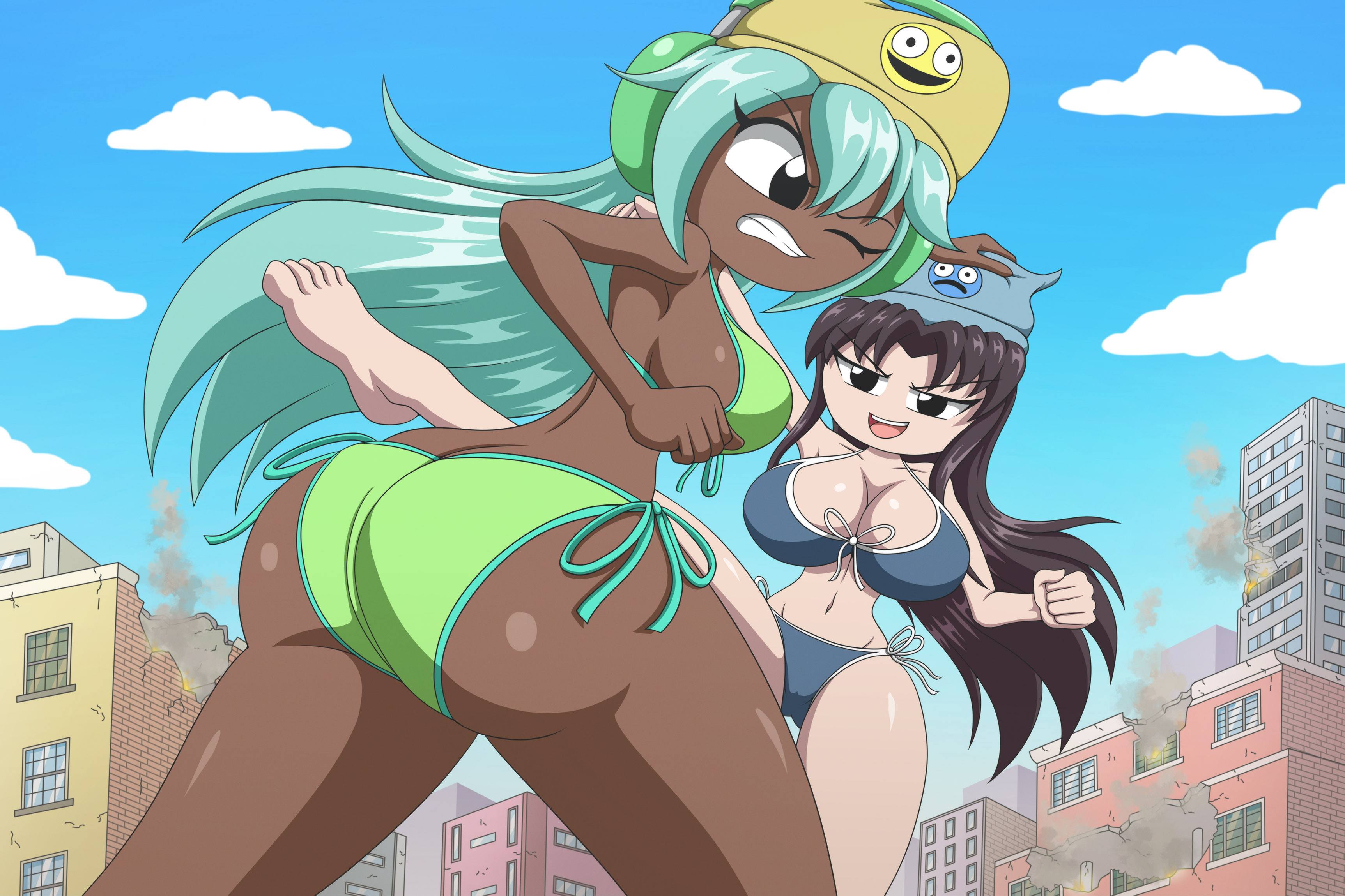 2d, 2girls, bikini, blue hair, catfight, city, color, dark hair, dark skin, dark-skinned female, destruction, dolly dimpley, drawing, fighting, giantess, glenda gloomy, hat, large breasts, large butt, light skin, light skinned female, macro, outdoors, smiling friends, thedaibijin