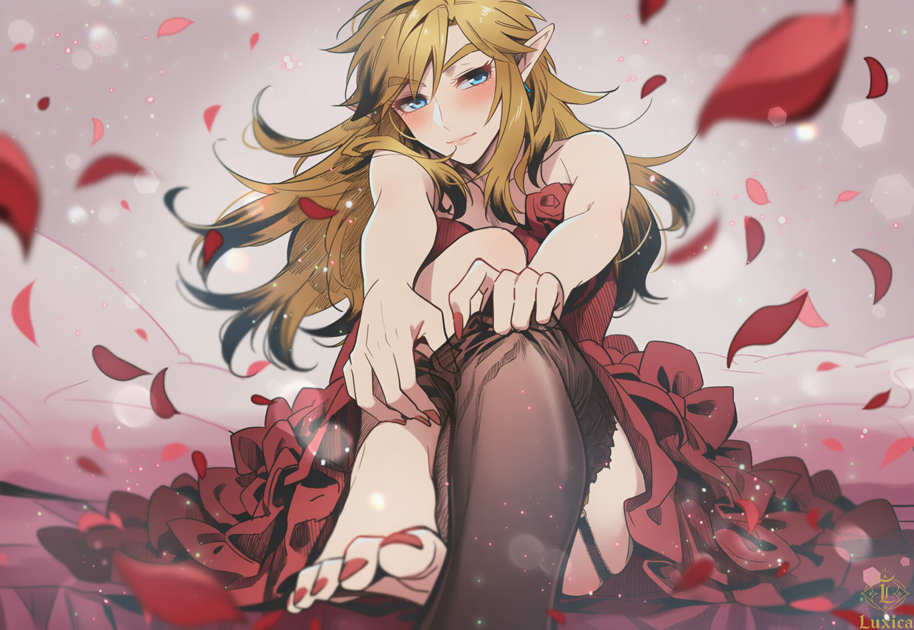 ai art, ai generated, almond eyes, androgynous, bare feet, bare shoulders, black hair, blue eyes, blush, crossdressing, cute, dress, earrings, fancy clothing, femboy, feminine male, feminization, foot focus, garter belt, girly, girly boy, golden hair, hylian, hylian ears, legwear, link, link (breath of the wild), link (tears of the kingdom), long hair, long nails, luxica, no sex, novelai, red dress, red nails, red toenails, roses, scenery, smile, solo, the legend of zelda, toenail polish, trap, twink