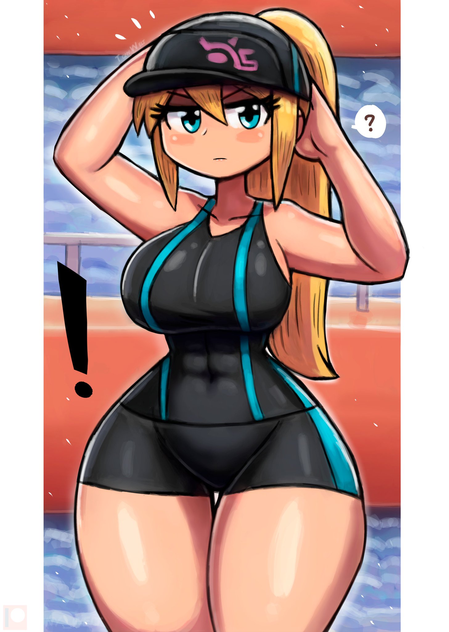 1girls, 2026, big breasts, blonde hair, blue eyes, metroid, nintendo, ponytail, samus aran, solo, solo female, tagme, thick, thick thighs, tony welt, volleyball uniform