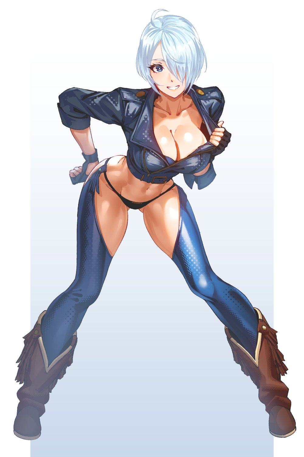 1girls, 2026, angel (kof), ass, big ass, big breasts, blue eyes, boots, female, female only, grabbing breasts, hair over one eye, huge breasts, king of fighters, light skin, light-skinned female, looking at viewer, pale skin, pale-skinned female, panties, pulling clothing, shiny clothes, short hair, skin tight, smiley face, smiling, standing, thick, thick thighs, volyz, white hair