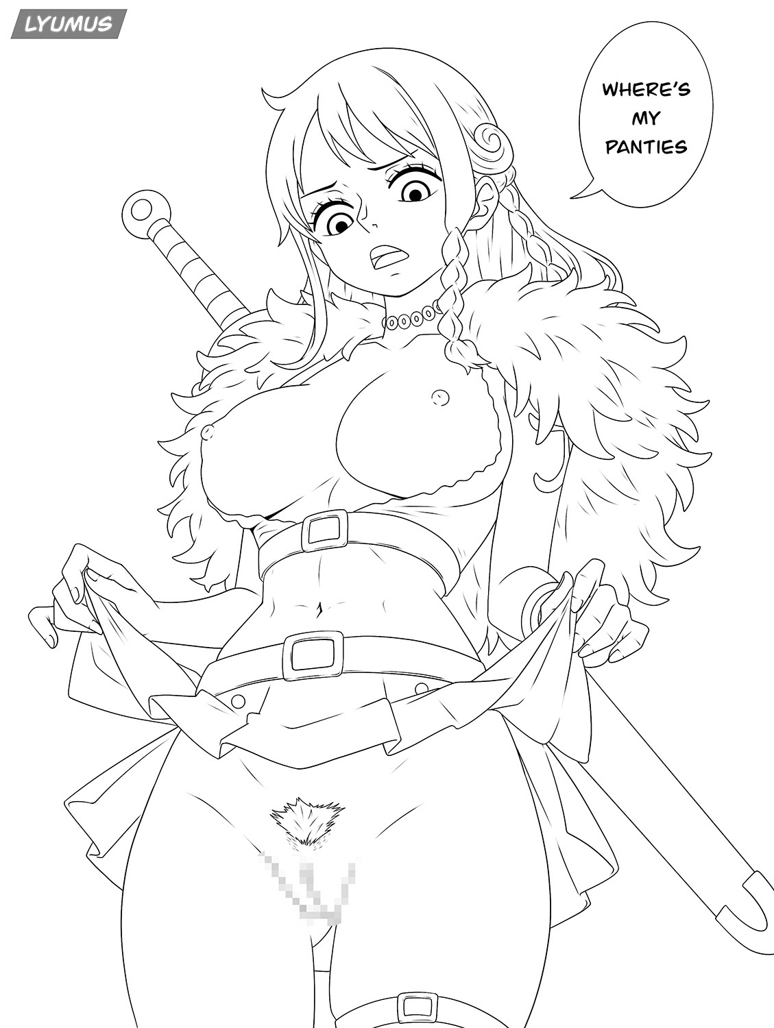 1girls, female, female only, large breasts, lifting skirt, lyumus, nami (one piece), nipples, no panties, one piece, solo, upskirt