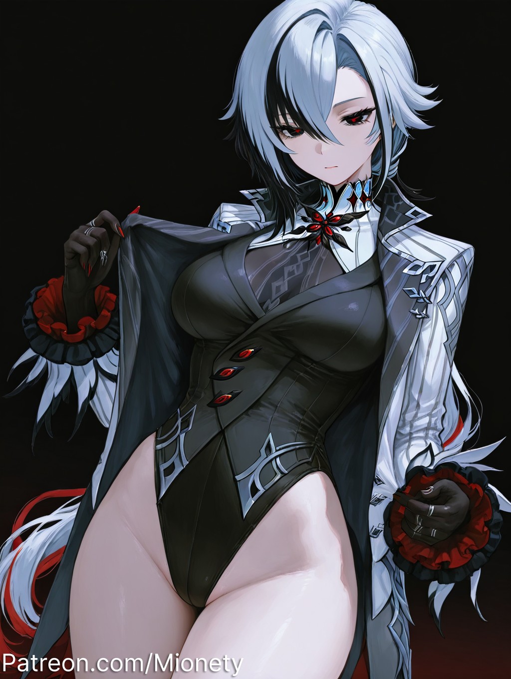 adapted costume, ai generated, alternate costume, arlecchino (genshin impact), artist name, black background, black coat, black eyes, black gloves, black hair, black hands, black leotard, breasts, closed mouth, coat, colored extremities, cowboy shot, expressionless, female, fur trim, fur-trimmed coat, genshin impact, gloves, grey eyes, grey hair, groin, hair between eyes, highleg, highleg leotard, jacket, jewelry, large breasts, leotard, long hair, long sleeves, looking at viewer, low ponytail, mionety, multicolored hair, open clothes, open coat, open jacket, patreon logo, patreon username, red pupils, shirt, short hair, simple background, solo, standing, streaked hair, symbol-shaped pupils, thighs, twitter username, two-tone hair, very long hair, white coat, white hair, x-shaped pupils