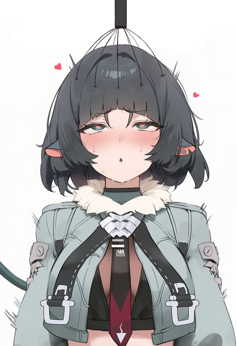 1girls, 2026, animal ears, black hair, blue eyes, blush, breasts, clothed, clothing, color, colored, female only, furry, hair, heart, heart-shaped pupils, hi res, hoyoverse, jane doe (zenless zone zero), light skin, light-skinned female, looking up, mihoyo, rat ears, rat girl, short hair, shuraillusts, simple background, solo, sweat, sweatdrop, tail, touching head, white background, zenless zone zero