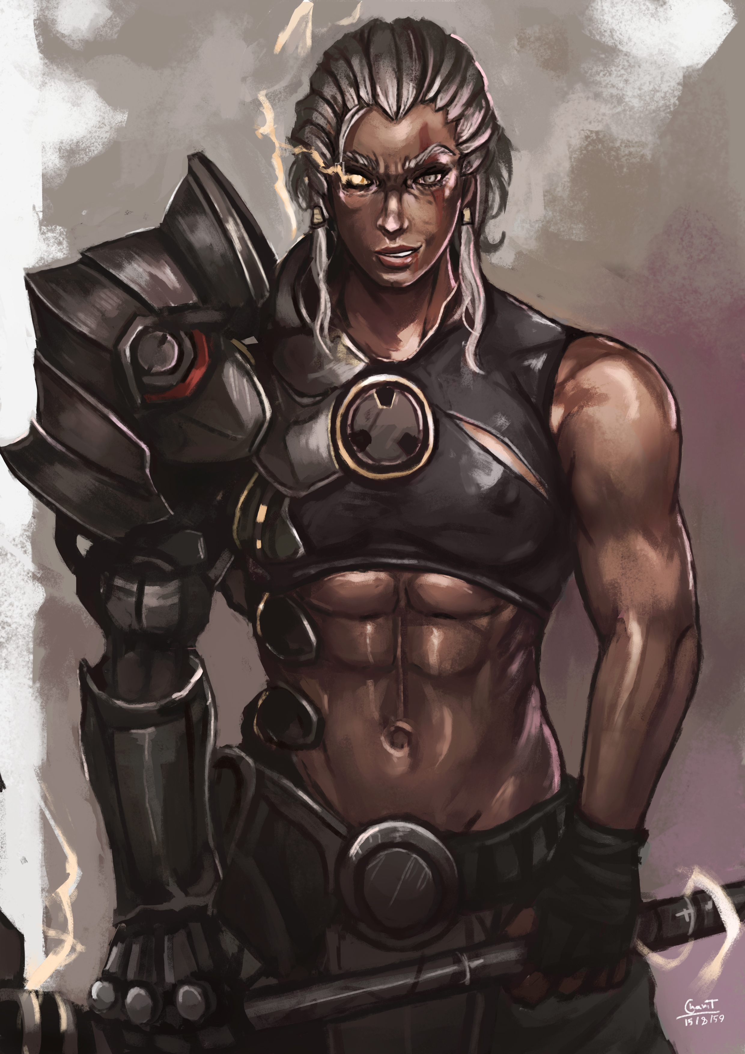 1girls, abs, absurdres, adapted costume, armor, belt, black gloves, blizzard entertainment, blue eyes, braid, breasts, costume, cowboy shot, dark skin, dark-skinned female, female, female only, gauntlets, gloves, glowing, glowing eyes, hair bun, hammer, highres, holding hammer, holding object, holding weapon, human, kachima, large breasts, long hair, medium breasts, midriff, multicolored, multicolored eyes, muscles, muscular, muscular female, navel, nipple bulge, nipples, overwatch, pants, patreon reward, power armor, reinhardt, rule 63, scar, scar across eye, side braids, silver hair, smile, solo, standing, stomach, tied hair, torn, torn clothes, twin braids, white hair, yellow eyes