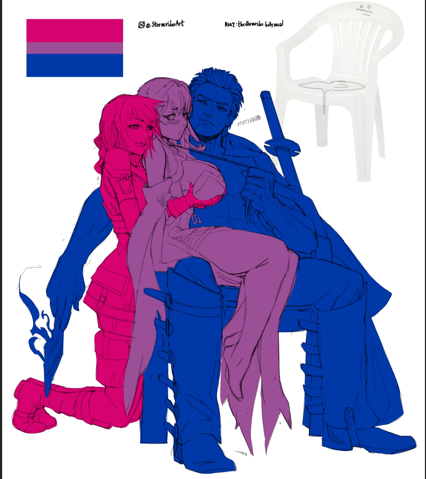 1boy, 2girls, bisexual, bisexual female, bisexual pride colors, blush, crossover, devil may cry, devil may cry (series), eclair farron, final fantasy, final fantasy xiii, grabbing another's breast, grabbing breasts, groping from behind, indie virtual youtuber, licking lips, pheromoan (vtuber), sitting on lap, stormriderart, vergil (devil may cry)