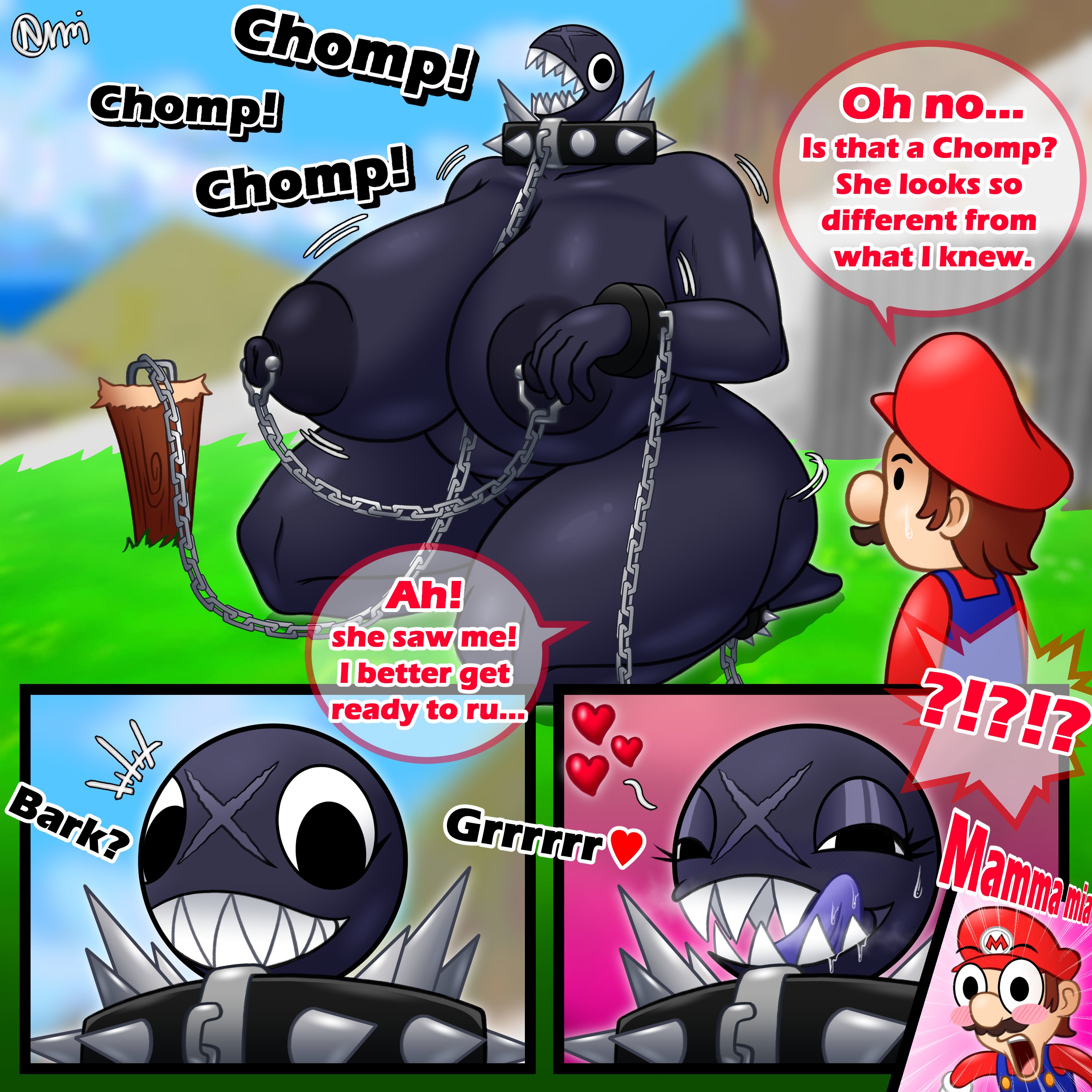 1boy, 1girls, areolae, ass, big ass, big breasts, black body, breasts, busty, chain chomp, chains, clothing, collar, dialogue, female, gigi (thecoatl034), horny, horny female, huge breasts, kneeling, large breasts, larger female, licking lips, male, mario, mario (series), massive areolae, massive breasts, nintendo, nipples, normi, nude, nude female, on knees, pussy, size difference, smaller male, spiked collar, text, thick thighs, thunder thighs, tongue, tongue out, wide hips