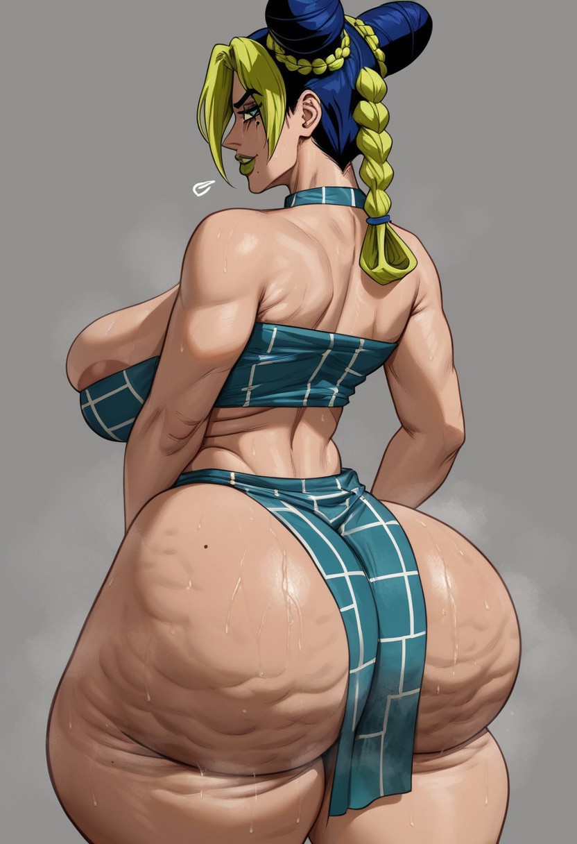 1girls, ai generated, ass, big ass, big breasts, cellulite, fat, fat ass, fat female, female, female only, jojo's bizarre adventure, jolyne kujo, loincloth, oiled, sagging breasts, solo, stone ocean, strapless top, taiga20