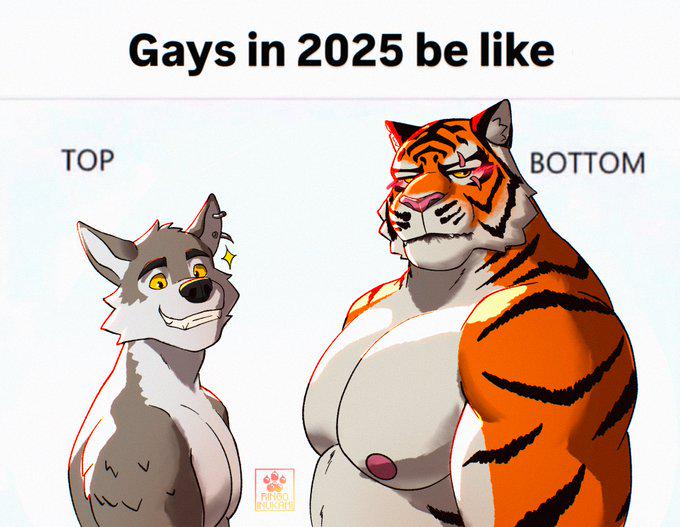 anthro, bara, big pecs, fortnite, furry, gay, gays in 2025 be like, male, male only, meme, muscular, muscular male, oscar (fortnite), ringo inukami, size difference, small dom big sub, tiger, wendell (fortnite), wolf