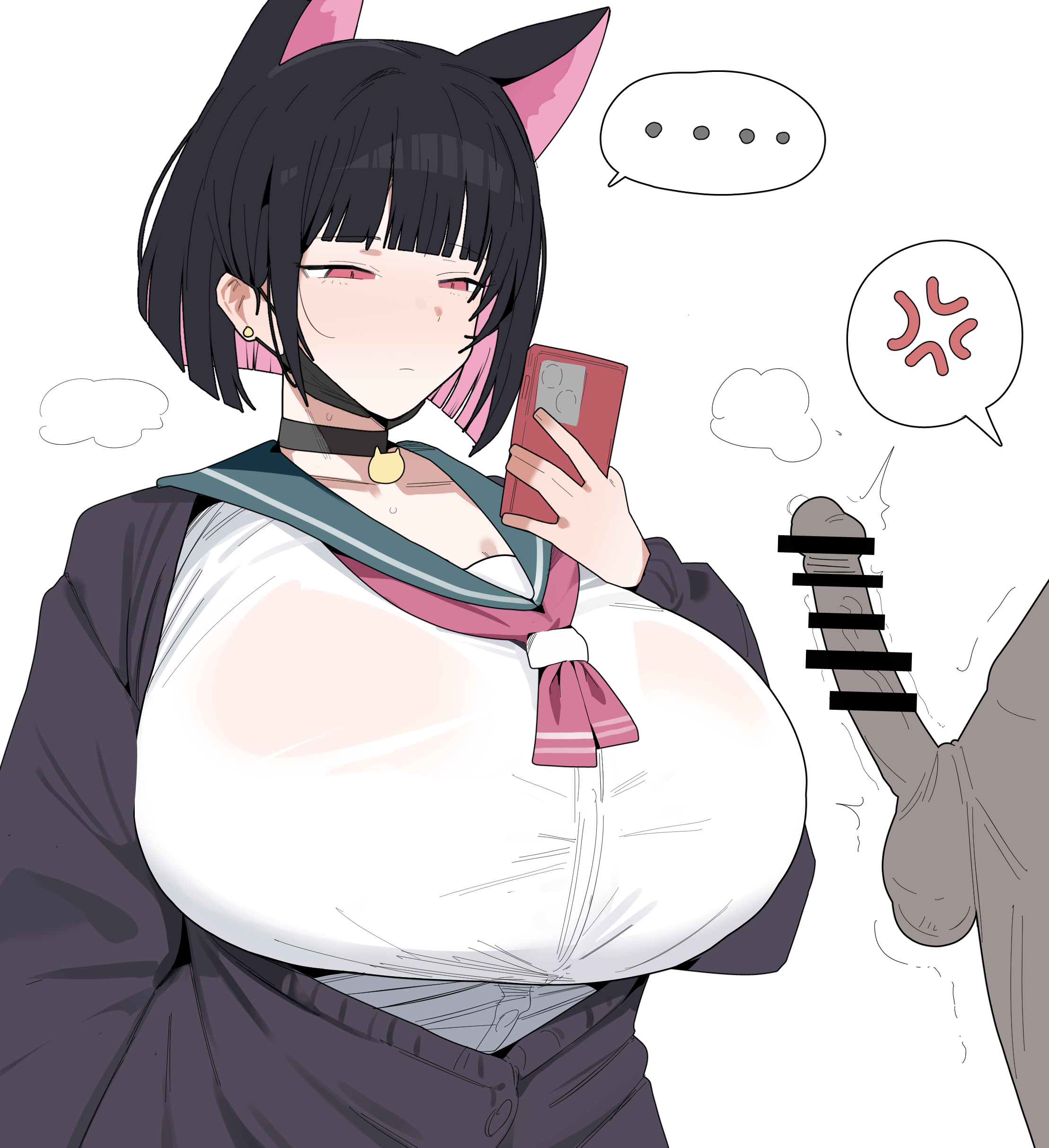..., 1boy, 1girls, absurdres, anger vein, animal ears, big breasts, black choker, black hair, black shirt, blue archive, breasts, cat ears, cat girl, cellphone, choker, citizen k, citizen k (pngj5475), closed mouth, collarbone, colored inner hair, curvy, ear piercing, erection, female, grey body, highres, holding, holding phone, huge breasts, kazusa (blue archive), long sleeves, looking at penis, medium hair, multicolored hair, paid reward available, penis, phone, piercing, pink eyes, pink hair, shirt, simple background, smartphone, solo focus, spoken anger vein, spoken ellipsis, sweat, white background, white shirt
