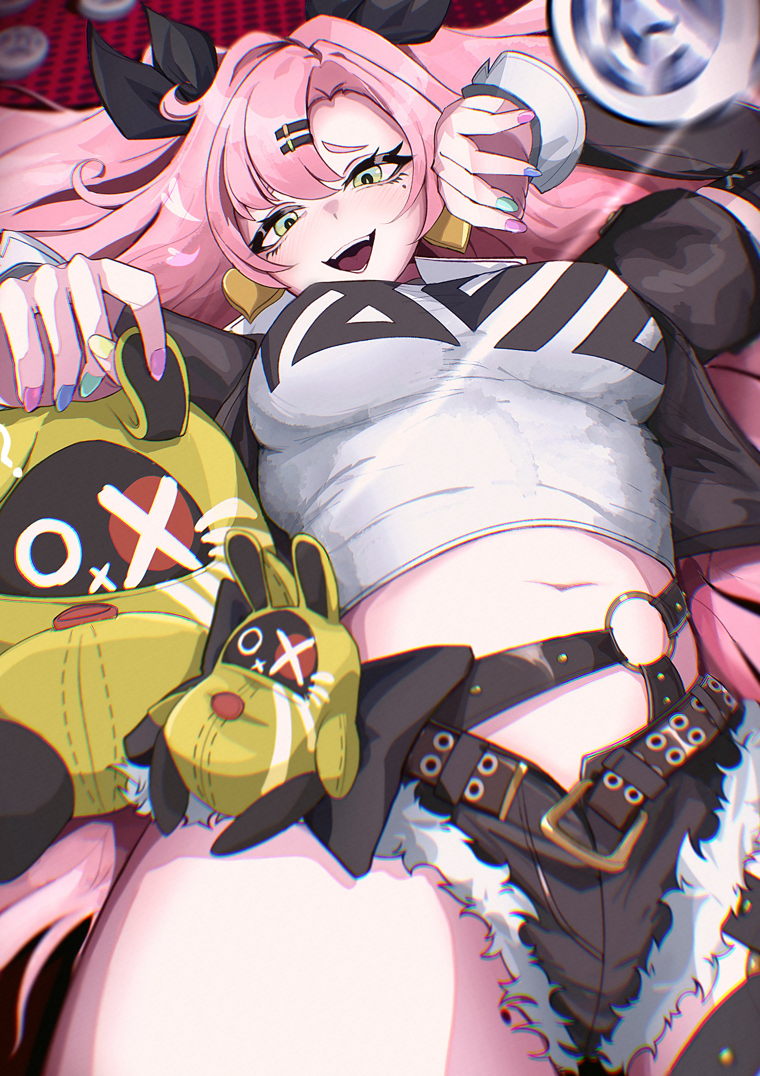 1girls, absurdres, amillion (zenless zone zero), bangboo (zenless zone zero), black ribbon, black shorts, blurry, blurry background, blurry foreground, blush, breasts, coin, cutoffs, earrings, female, female only, fur trim, fur-trimmed shorts, green eyes, hair ornament, hairclip, hashtag-only commentary, heart, heart earrings, highres, holding, holding stuffed toy, jewelry, large breasts, long hair, looking at viewer, lying, micro shorts, midriff, mole, mole on thigh, mole under eye, motion blur, multicolored nails, navel, nicole demara, on back, open mouth, pink hair, ribbon, shorts, solo, strapless, stuffed animal, stuffed toy, thighs, tube top, two side up, white tube top, yama kabosu, zenless zone zero