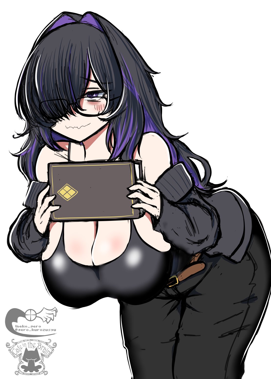 1girls, 2026, big breasts, black hair, blush, book, breasts, clothed, clothing, color, colored, female, female only, glasses, goddess of victory: nikke, hair, hair over one eye, hi res, huge breasts, label (nikke), light skin, light-skinned female, long hair, looking away, neko gero, open mouth, purple eyes, purple hair, simple background, solo, sweat, sweatdrop, thick thighs, thighs, video game, video game character, video games, white background