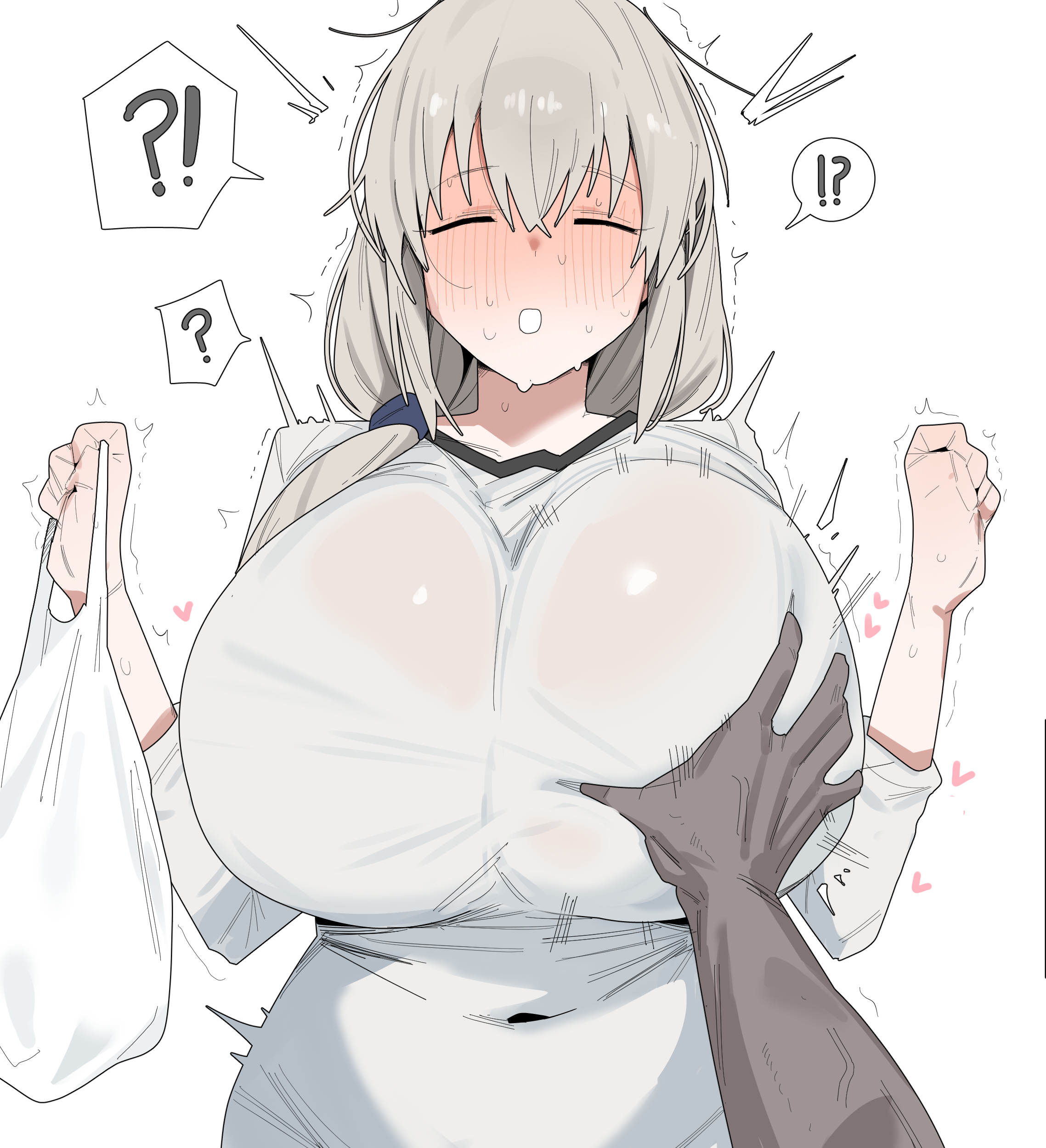 ?, 1boy, 1girls, absurdres, alternate breast size (larger), bag, blush, breast grab, breasts, citizen k, citizen k (pngj5475), closed eyes, curvy, dark-skinned male, disembodied hand, flustered, grabbing another's breast, grey hair, groping, hair between eyes, heart, highres, holding, holding bag, huge breasts, large breasts, long hair, long sleeves, navel, paid reward available, parted lips, plastic bag, plump, shirt, smile, solo focus, spoken question mark, sweat, uzaki tsuki, uzaki-chan wa asobitai!, white background, white shirt