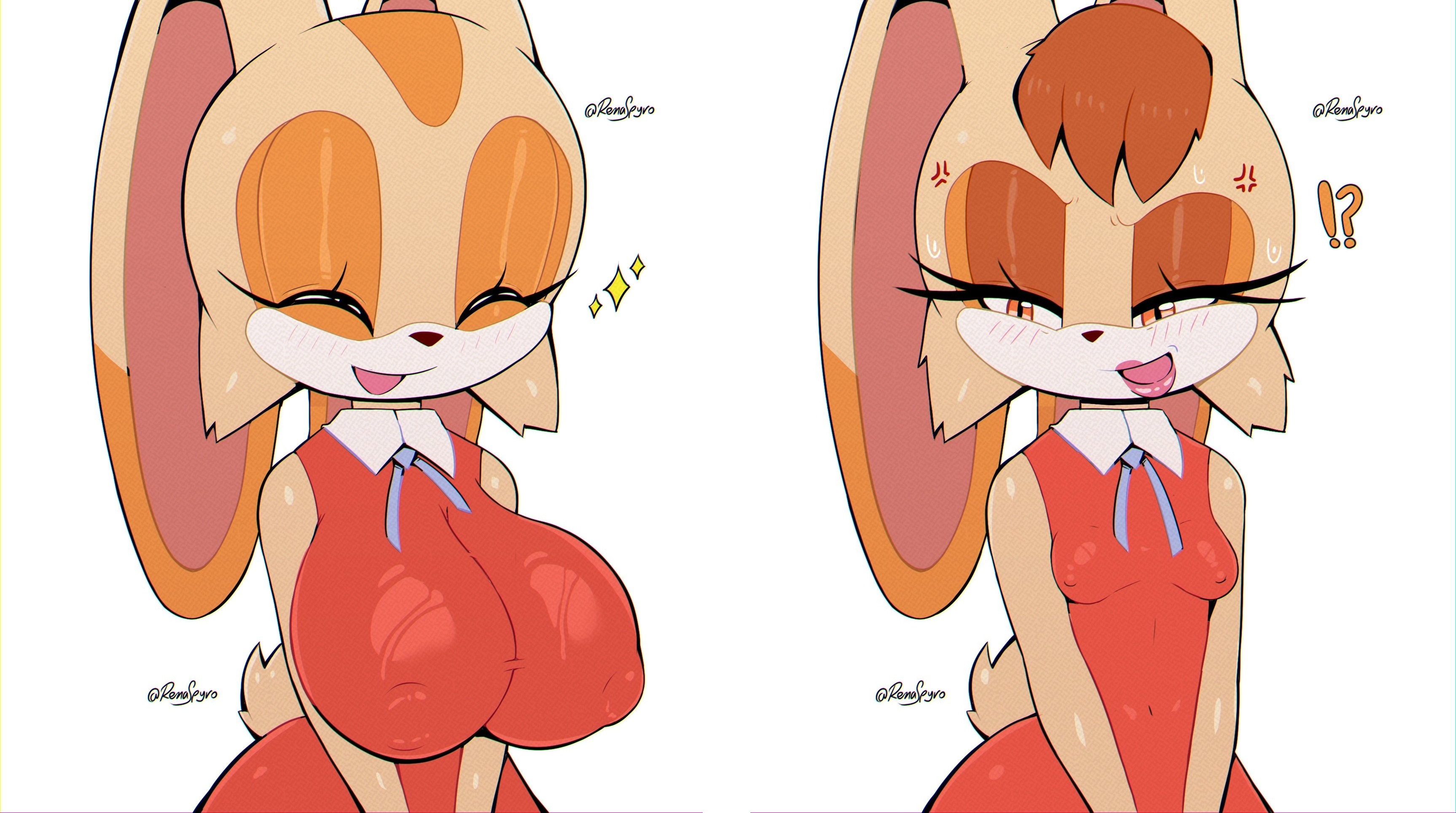 2girls, aged up, anger symbol, areolae visible through clothing, big breasts, blush, breast envy, breast size difference, breasts, closed eyes, color, colored, cream the rabbit, daughter, daughter is bigger, edit, envy, exclamation mark, jealous, looking at breasts, mother, mother and daughter, rabbit, rabbit ears, rabbit girl, rabbit tail, renaspyro, small breasts, smile, sonic (series), sonic the hedgehog (series), vanilla the rabbit