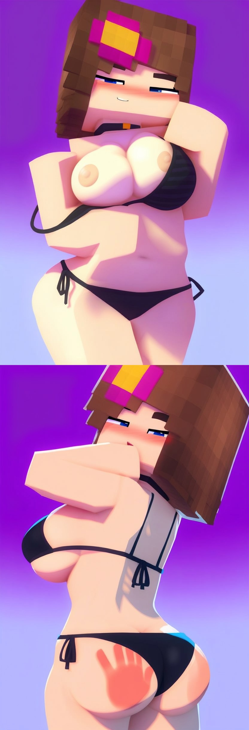 1girls, 2026, ai generated, ass, background, bedroom eyes, big breasts, bikini, blush, breasts, civitai, d3rmal, female, female only, flower in hair, grabbing, jenny belle (slipperyt), legs, minecraft, moaning, multiple images, naughty face, showing breasts, simple background, solo, spank marks, spanked butt, upper body