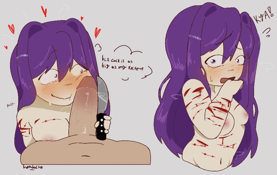1girls, anon, anonymous male, bleeding, blood, blush, blush lines, blushing at viewer, blushing female, breasts, caught, cock, completely nude, cuts, cuts on arms, cuts on chest, dialogue, doki doki literature club, female, gore, guro, hair clips, head ache, heart, holding object, huge breasts, huge cock, human, knife, knife play, large breasts, large penis, long hair, looking at viewer, naked, nervous, nervous smile, nervous sweat, nipples, object, pale skin, pale-skinned female, penis, penis awe, pink nipples, plain background, purple hair, scared, self harm, self harm scars, self upload, size difference, solo, solo focus, startled, steam, suprised, sweat, text, thought bubble, watermark, wide eyed, yuri (doki doki literature club)