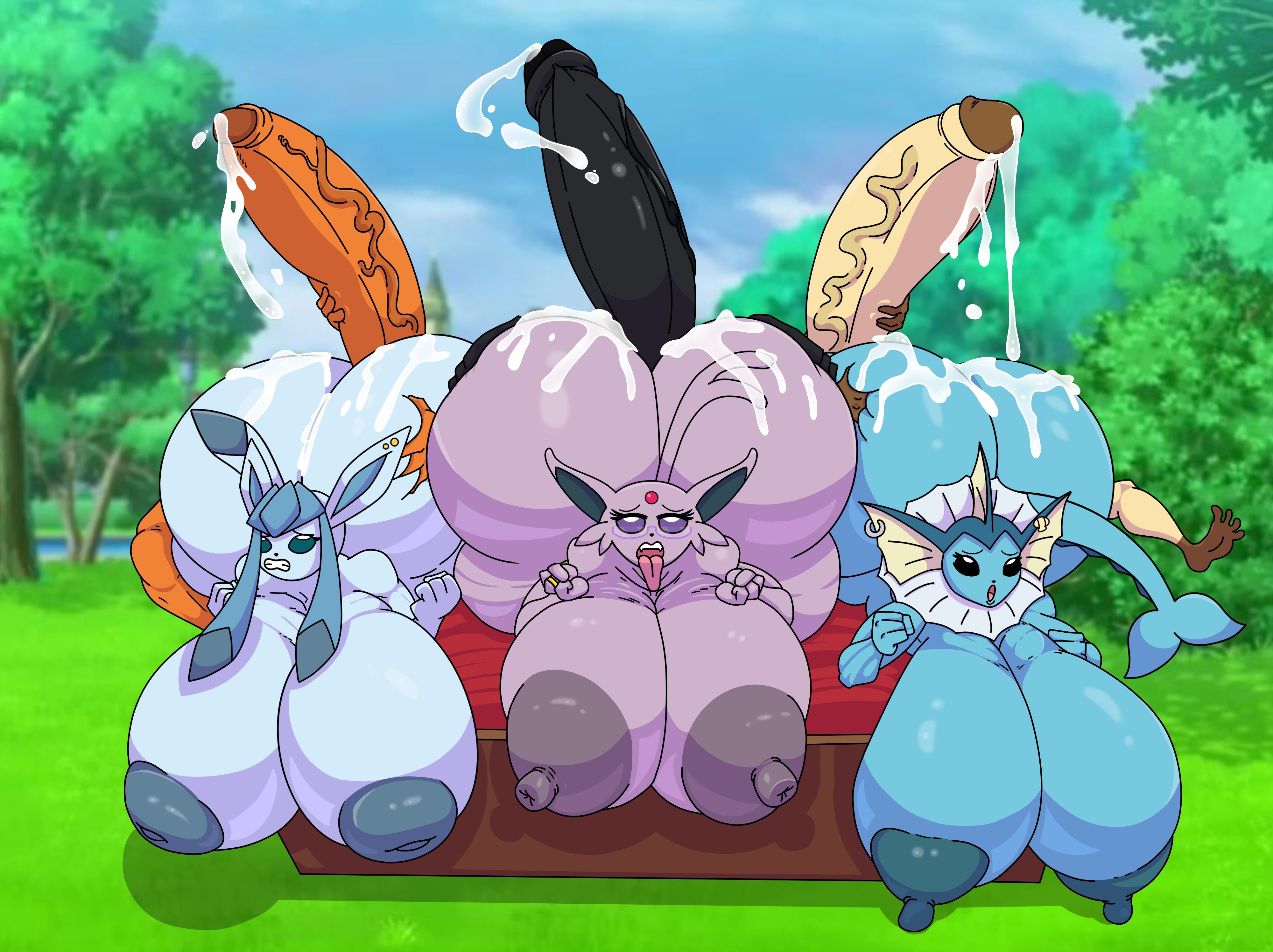 3boys, 3girls, black fur, blue scales, brown fur, clenched hand, clenched teeth, cyan fur, earrings, edit, edited, espeon, flareon, furry, glaceon, glasses, grabbing ass, grabbing from behind, hyper, hyper penis, inverted nipples, komi edits, leafeon, leaking precum, naked, nintendo, nipples, orange fur, pierced ears, piercing, pink fur, pokemon, pokemon (species), tail, tasteofchoklit (edit), tongue, tongue out, umbreon, vaporeon