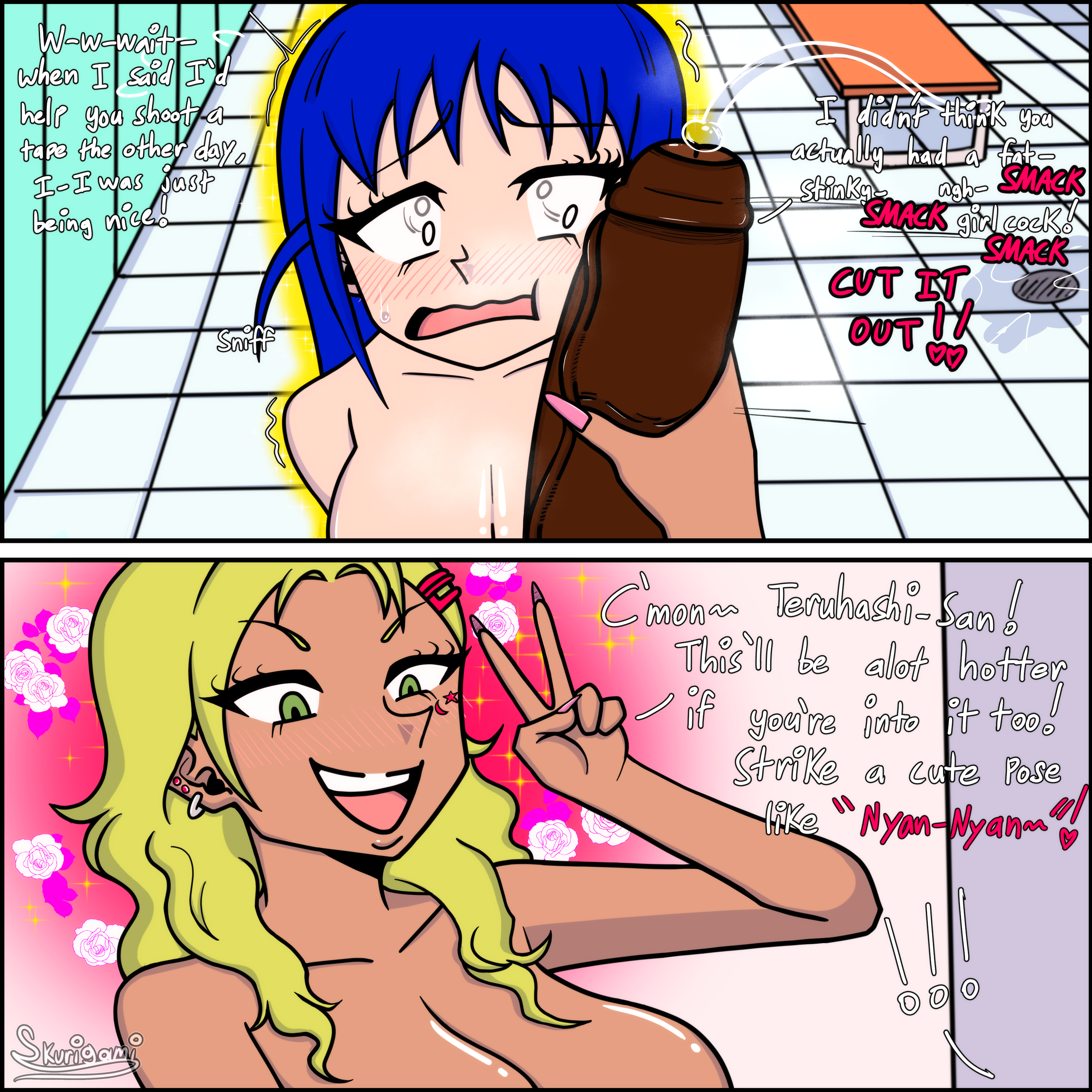 2koma, aiura mikoto, big breasts, big penis, blush, breasts, cleavage, comic, dark-skinned futa, dirty talk, futa with female, futanari, gyaru, large breasts, long nails, looking at penis, peace sign, penis, penis awe, piercings, precum, saiki kusuo no psi nan, shiny skin, skurigami, slapping with penis, smell, smell description, smelling penis, smelly cock, teruhashi kokomi, text, uncensored, veiny penis