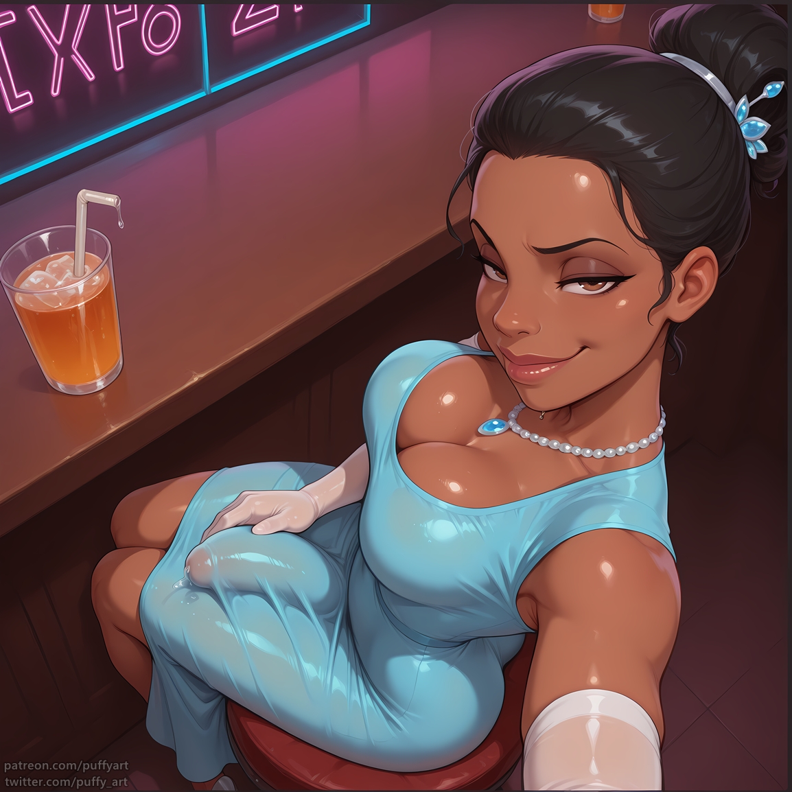 1futa, ai generated, bulge, bulge grab, bulge through clothing, bulge under clothes, cleavage, dark skin, dark-skinned futa, dickgirl, dress, dress bulge, futa only, futanari, imminent fellatio, imminent oral, looking at viewer, pent up, precum, precum drip, princess tiana, puffyart, selfie, the princess and the frog, thick thighs, throbbing penis, tiana