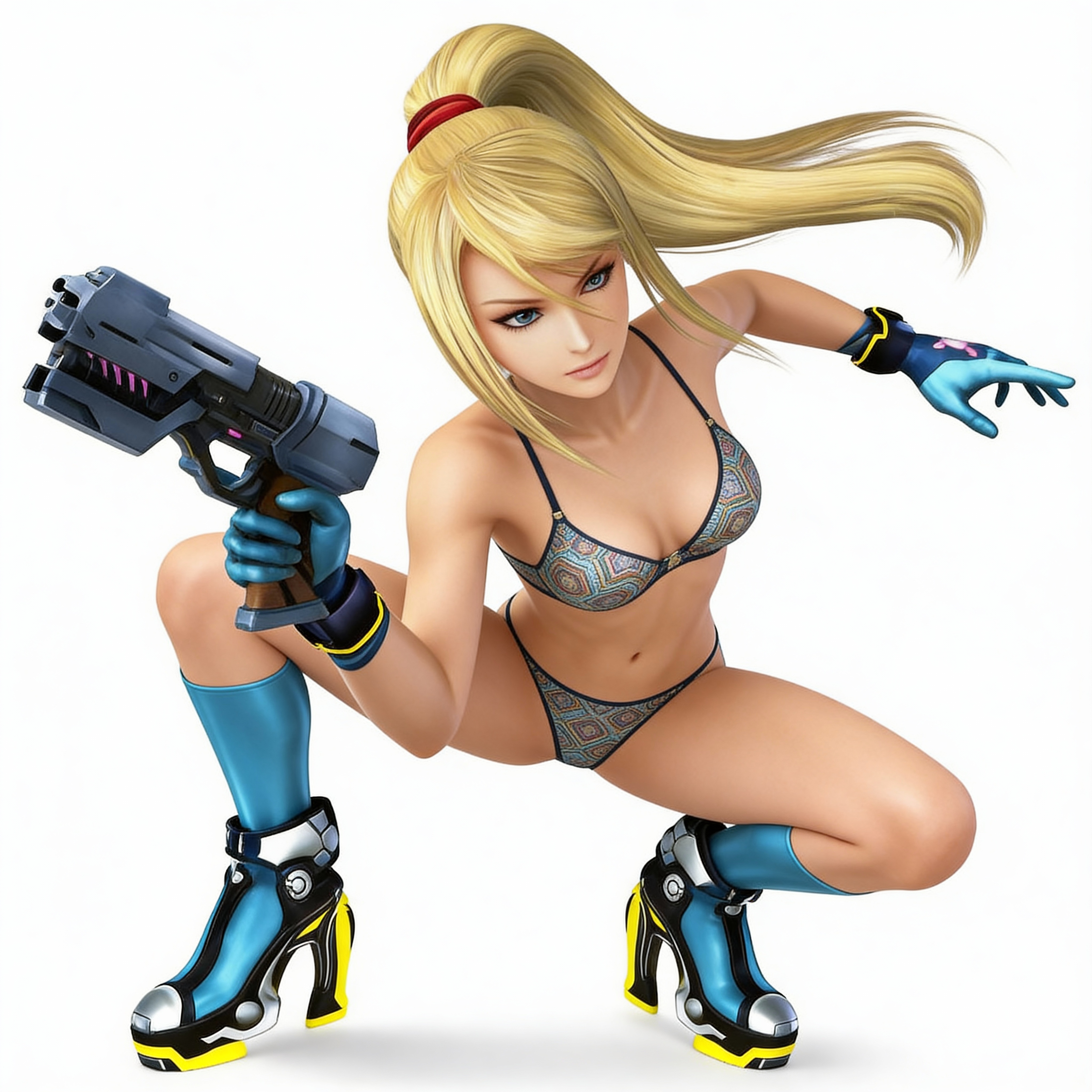 1girls, 3d, blonde hair, bra, edited official artwork, female, female only, full body, gloves, gun, il0v3y0u1000, metroid, panties, photoshop, samus aran, solo, super smash bros., underwear, underwear only