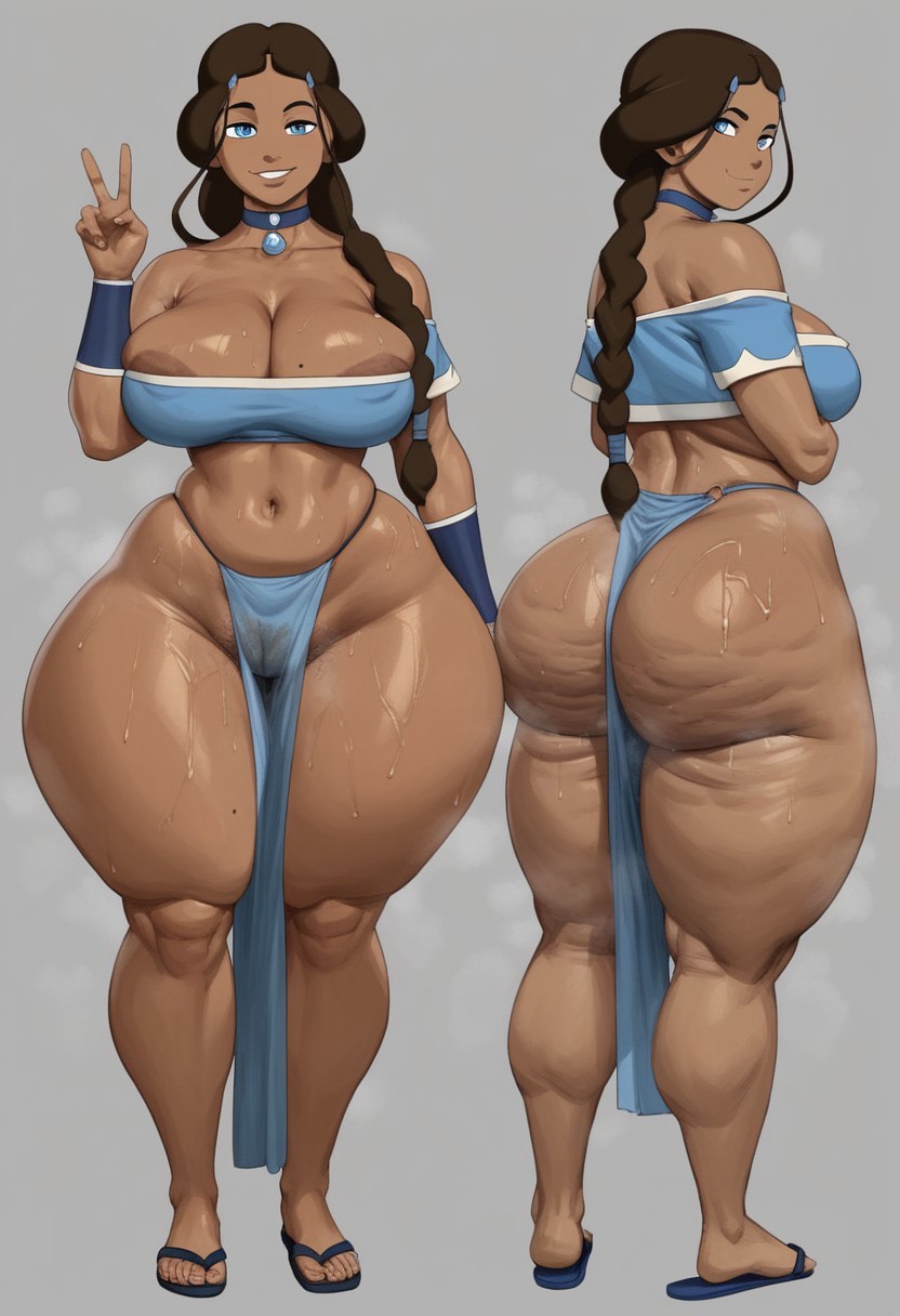 1girls, aged up, ai generated, alternate breast size, ass, avatar the last airbender, big ass, big breasts, breasts, cellulite, dark-skinned female, fat, fat ass, fat female, female, female only, katara, loincloth, milf, oiled, peace sign, simple background, solo, standing, taiga20, thick thighs