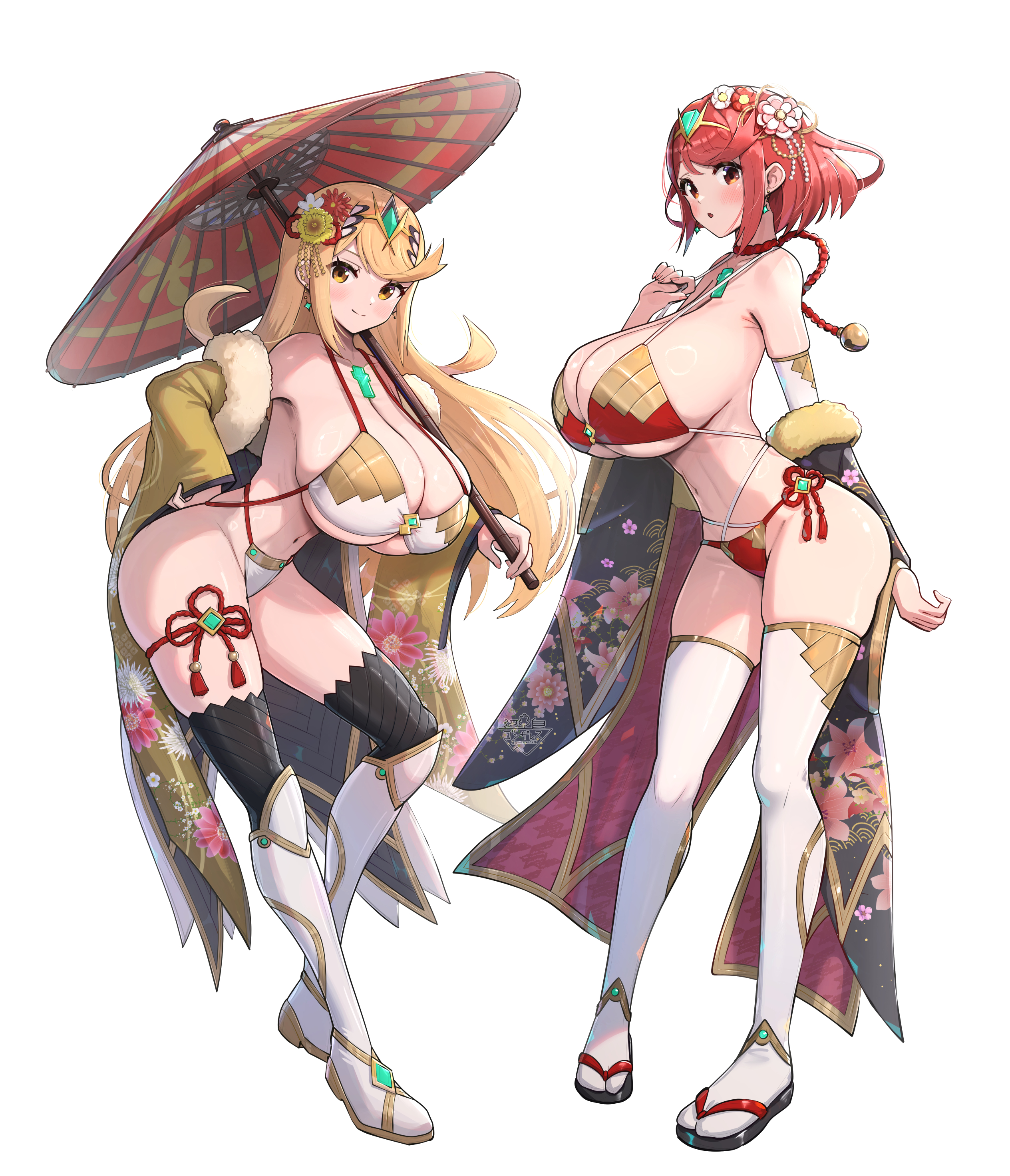 2girls, absurdres, alternate costume, bare shoulders, bikini, black sleeves, black thighhighs, blonde hair, breasts, chest jewel, circlet, core crystal, cowboy shot, female, female only, from side, full body, gonzarez, grey background, highres, holding, holding umbrella, huge breasts, japanese clothes, kimono, long hair, looking at viewer, multiple girls, mythra, nintendo, oil-paper umbrella, pyra, red bikini, red eyes, red hair, rope, shimenawa, short hair, sideless dress, simple background, smile, snowing, swimsuit, thighhighs, tiara, umbrella, very long hair, white background, wide sleeves, xenoblade (series), xenoblade chronicles 2, yellow eyes
