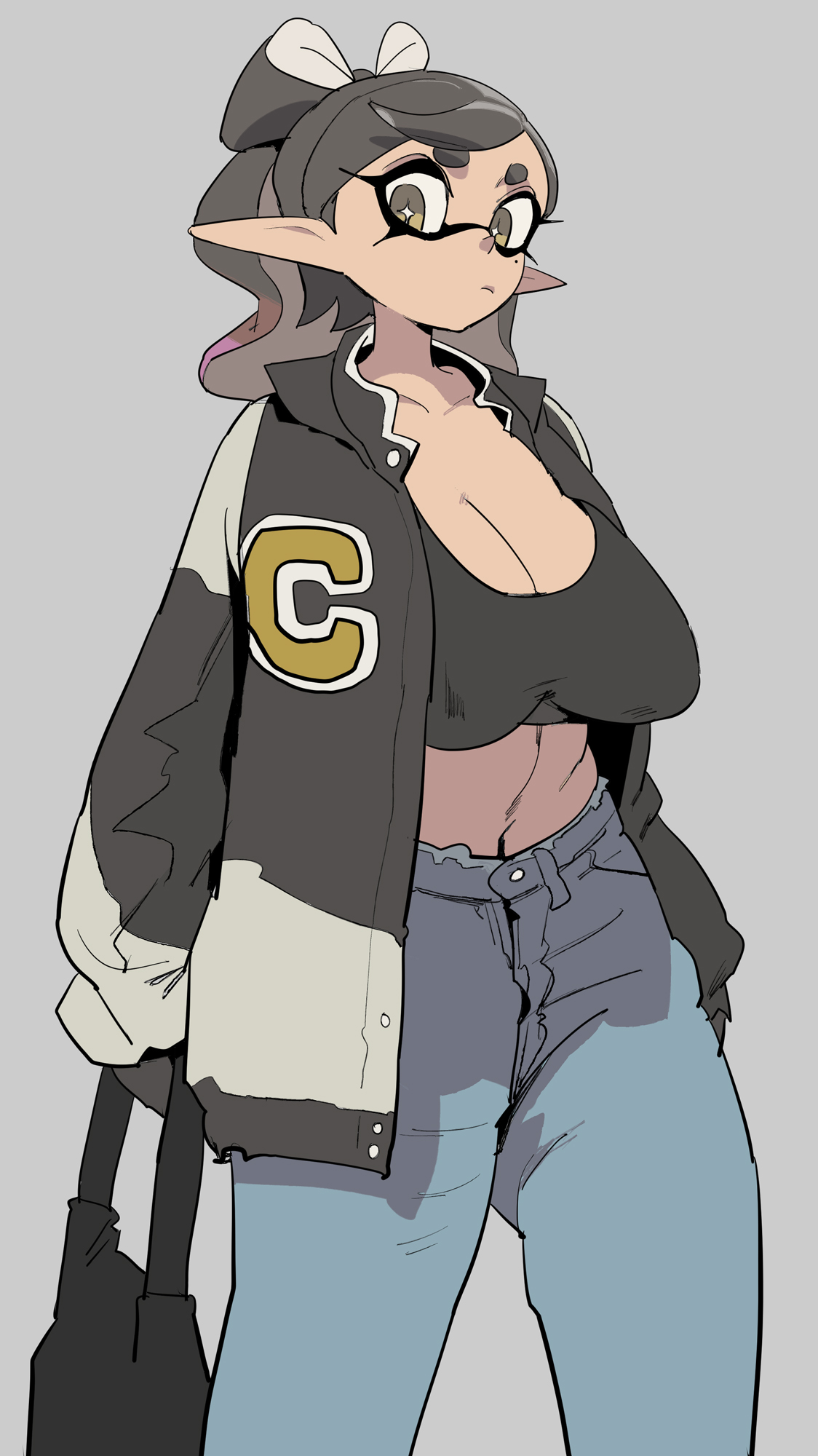 1girls, alternate breast size, big breasts, black hair, breasts, callie (splatoon), casual clothes, domino mask, earrings, erect nipples, erect nipples under clothes, female, female only, hi res, huge breasts, inkling, large breasts, light skin, light-skinned female, looking at viewer, nintendo, pointy ears, simple background, smile, splatoon, splatoon (series), squid sisters, tentacle hair, yuta agc