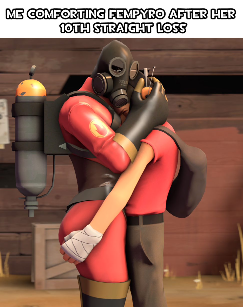 3d 3d_(artwork) ass_grab backpack bandaged_hand belt bodysuit boots caption cargo_pants fempyro gas_mask gas_tank gloves grabbing_ass headphones hugging justaglass meme pyro pyro_(team_fortress_2) red_clothing rule_63 scout scout_(team_fortress_2) short_male size_difference tagme tall_female team_fortress_2