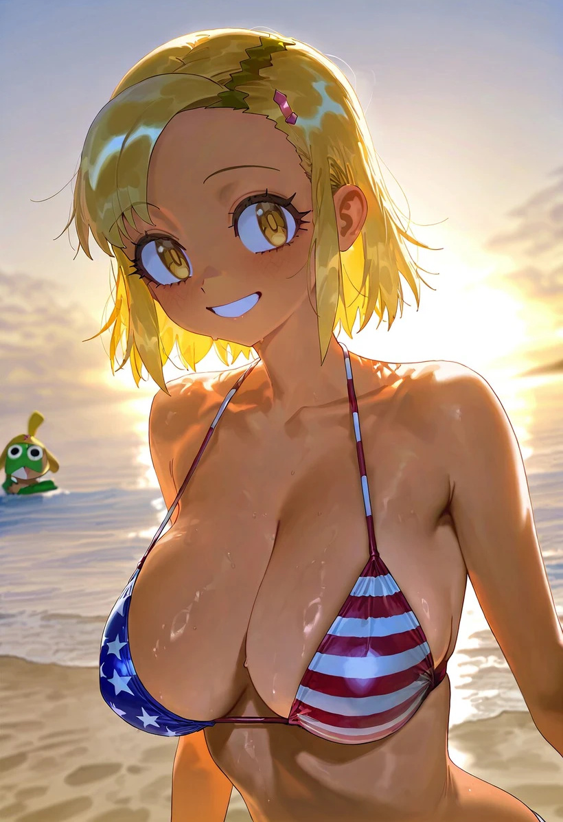 ai_generated american_flag_bikini angol_mois athletic_female beach big_breasts bikini blonde_hair doram huge_breasts keroro_gunsou looking_at_viewer massive_breasts short_hair smiling solo_female squatting sweat sweatdrop tan-skinned_female tan_body tanned_female tanned_skin voluptuous voluptuous_female yellow_eyes