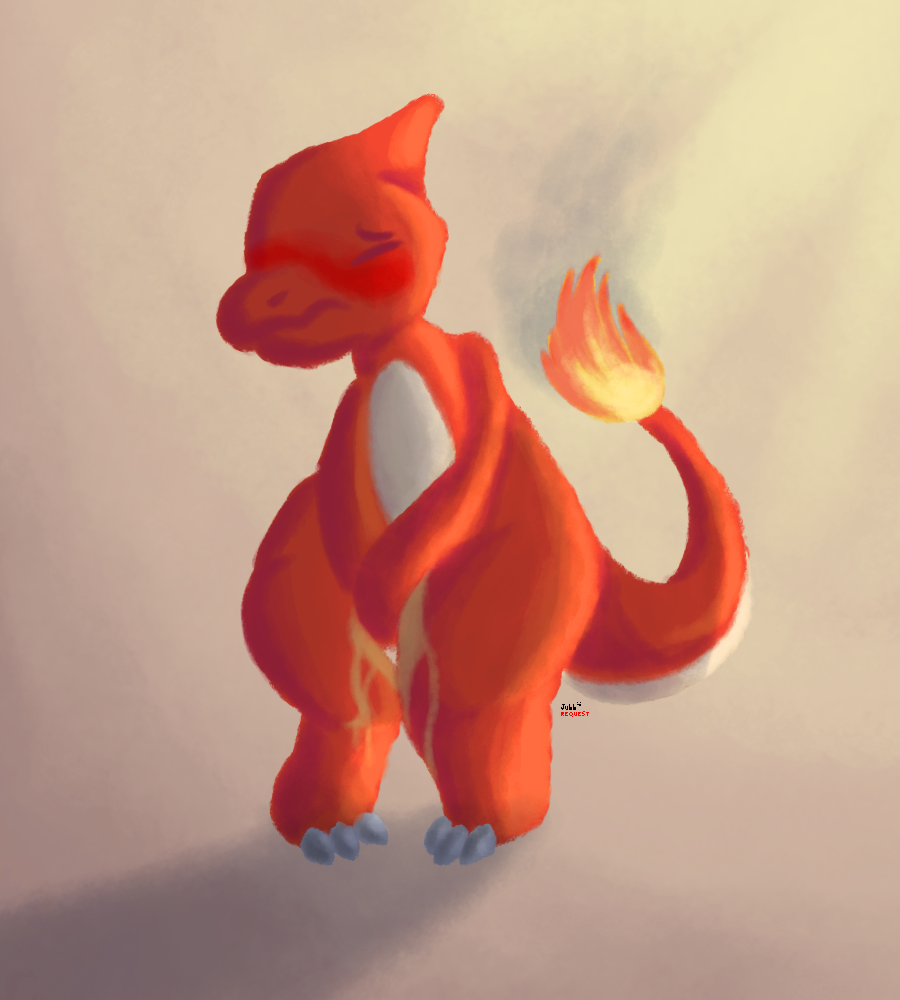 2018 ambiguous_gender anthro blush bodily_fluids charmeleon claws embarrassed fire flaming_tail generation_1_pokemon genital_fluids hands_on_crotch jubb knock-kneed nintendo omorashi peeing peeing_self pokemon pokemon_(species) red_body red_scales scales signature solo tail tan_body tan_scales toe_claws urine urine_on_leg watersports wetting wetting_self