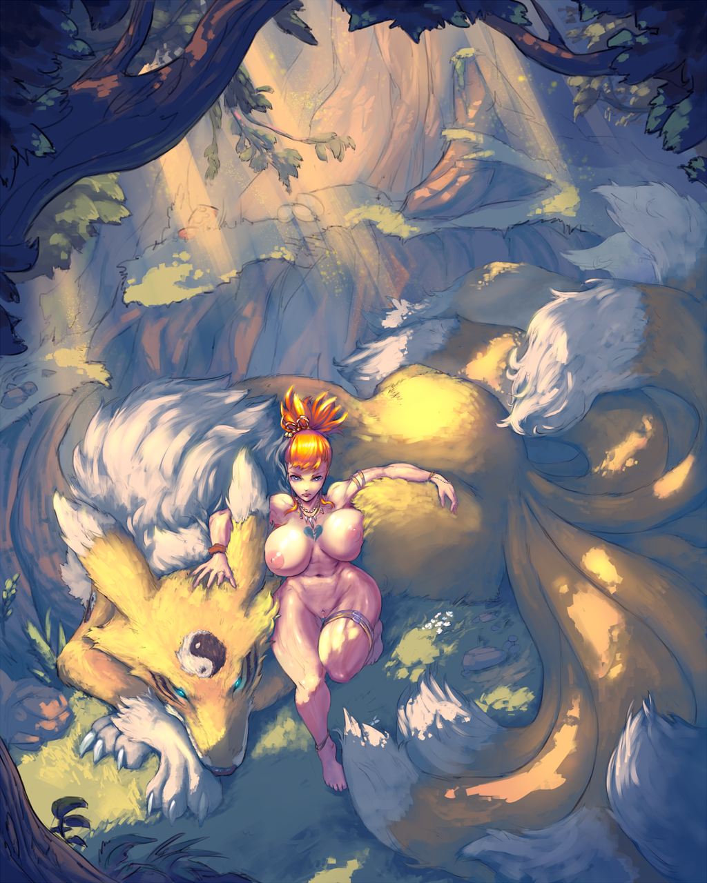 ass big_breasts blue_eyes breasts canine cutesexyrobutts digimon digimon_(species) digimon_tamers duo female feral fluffy forest fox fur hi_res highres human jewelry kyubimon larger_female looking_at_viewer mammal multi_tail naked necklace nude ponytail purple_eyes pussy red_hair renamon rika_nonaka size_difference tree wide_hips yellow_fur yin_yang