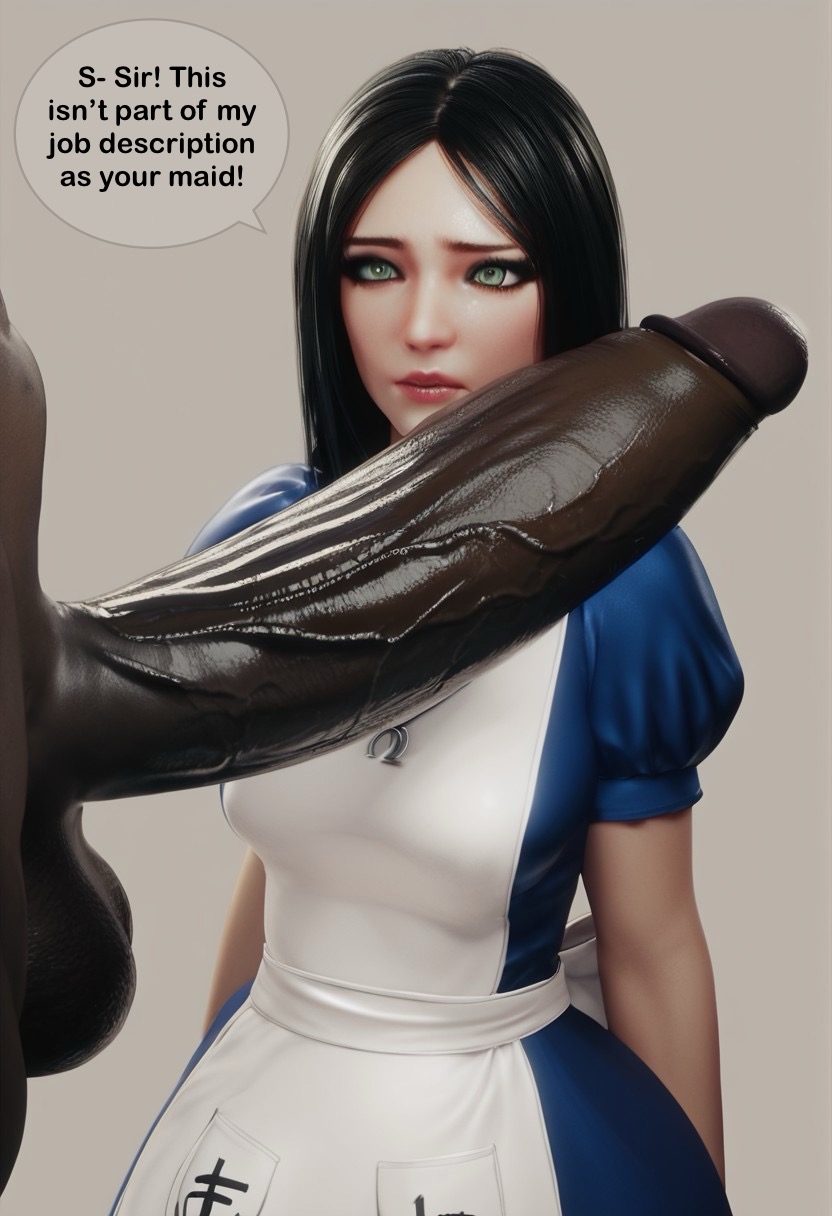 1boy1girl ai_generated alice alice_madness_returns big_penis civitai dark-skinned_male huge_cock imminent_sex interracial maid penis_out