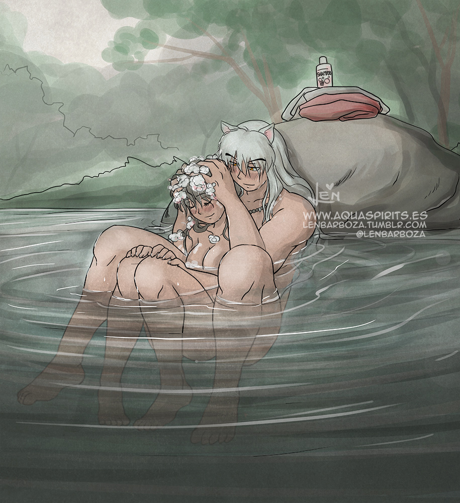 1boy 1girls aquarina bathing canon_couple female husband_and_wife intimate inuyasha inuyasha_(character) kagome_higurashi male