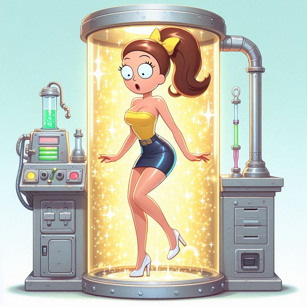 1girls after_transformation ai_generated breasts cleavage fully_clothed high_heels laboratory miniskirt morticia_smith morty_smith mtf_transformation ponytail rick_and_morty rule_63 shiny_clothes skirt strapless_top surprised tubetop