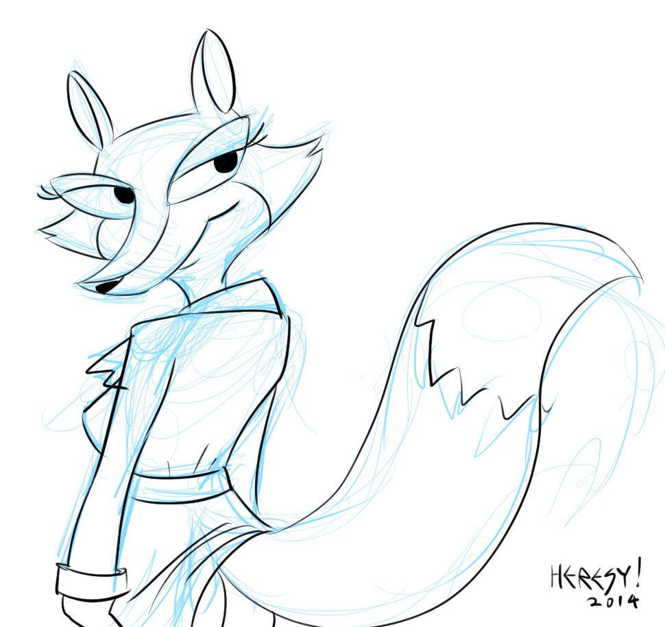 2014 anthro butt canid canine clothing coat fauna_fox female fox heresy_(artist) looking_back mammal oh_yeah!_cartoons raincoat sketch solo tail the_f-tales topwear