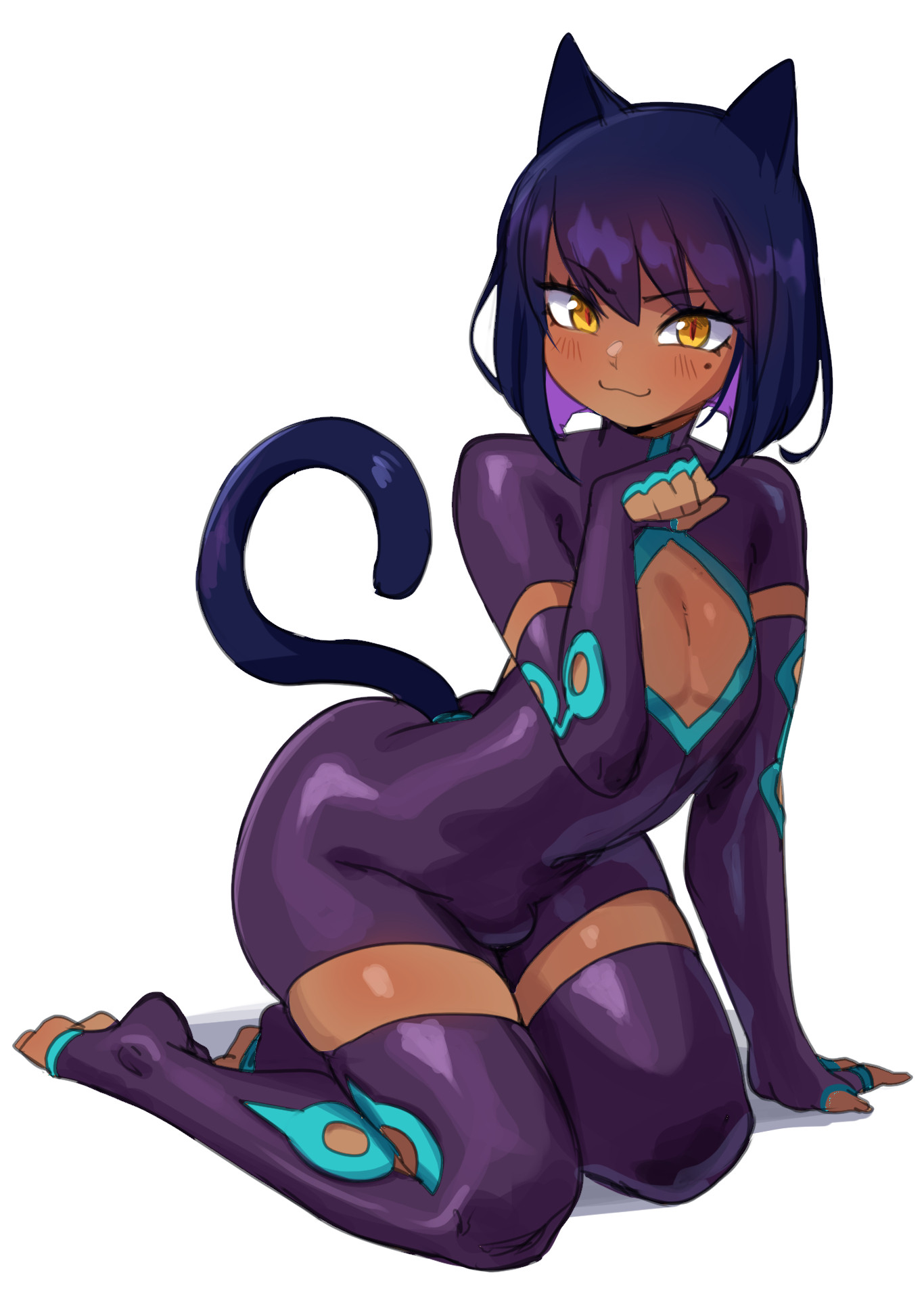 1boy, amber eyes, blush, bodysuit, bulge, cat boy, cat ears, cat tail, catboy, dark skin, dark-skinned femboy, dark-skinned male, dark-skinned sissy, dark-skinned twink, femboy, girly, hi res, lightsource, male, male only, mole, mole under eye, murasaki (lightsource), original, slit pupils, solo male, tail, thighhighs, white background