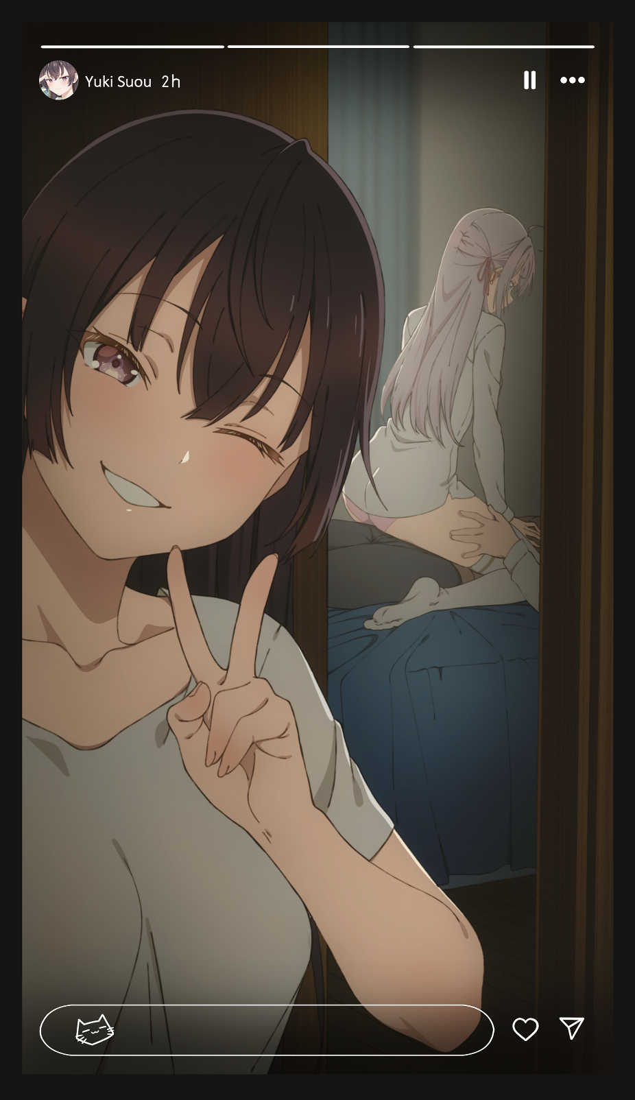 1boy 2girls alisa_mikhailovna_kujou bed bedroom brown_hair caught caught_in_the_act cowgirl_position female keihh kuze_masachika looking_at_viewer male open_door peace_sign posing posing_for_the_viewer selfie sex sister smile social_media suou_yuki tokidoki_bosotto_russian_de_dereru_tonari_no_alya-san voyeur wink winking_at_viewer