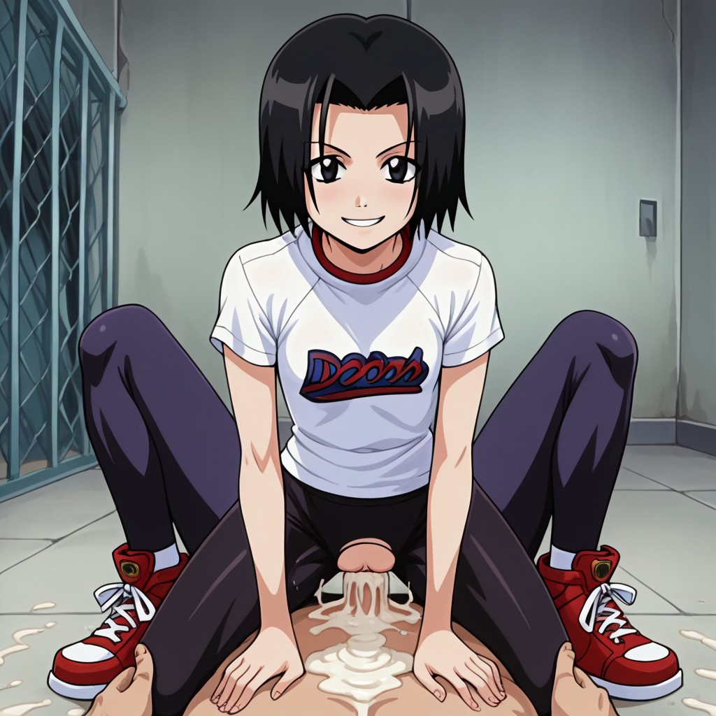 ai_generated black_hair black_leggings cowgirl_position naked_man smile vaginal_penetration white_t-shirt