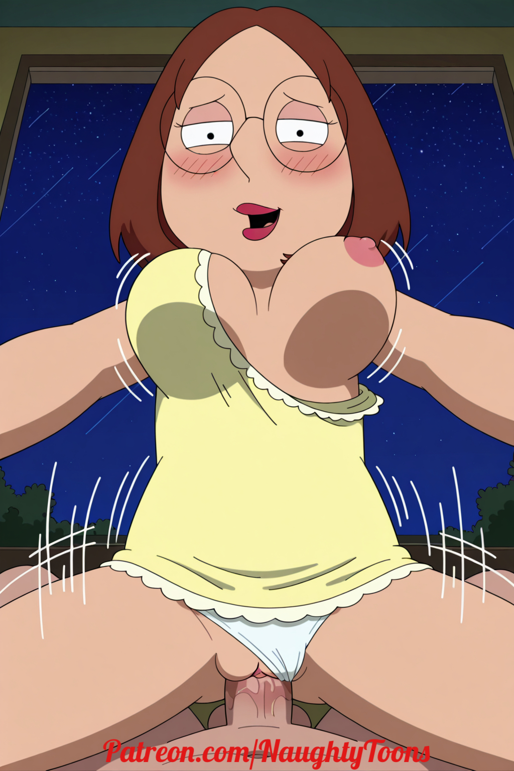 ai generated, big breasts, bounce, bouncing breasts, cowgirl position, family guy, meg griffin, nice ass, nice tits, sexy body, sexy female, younger female