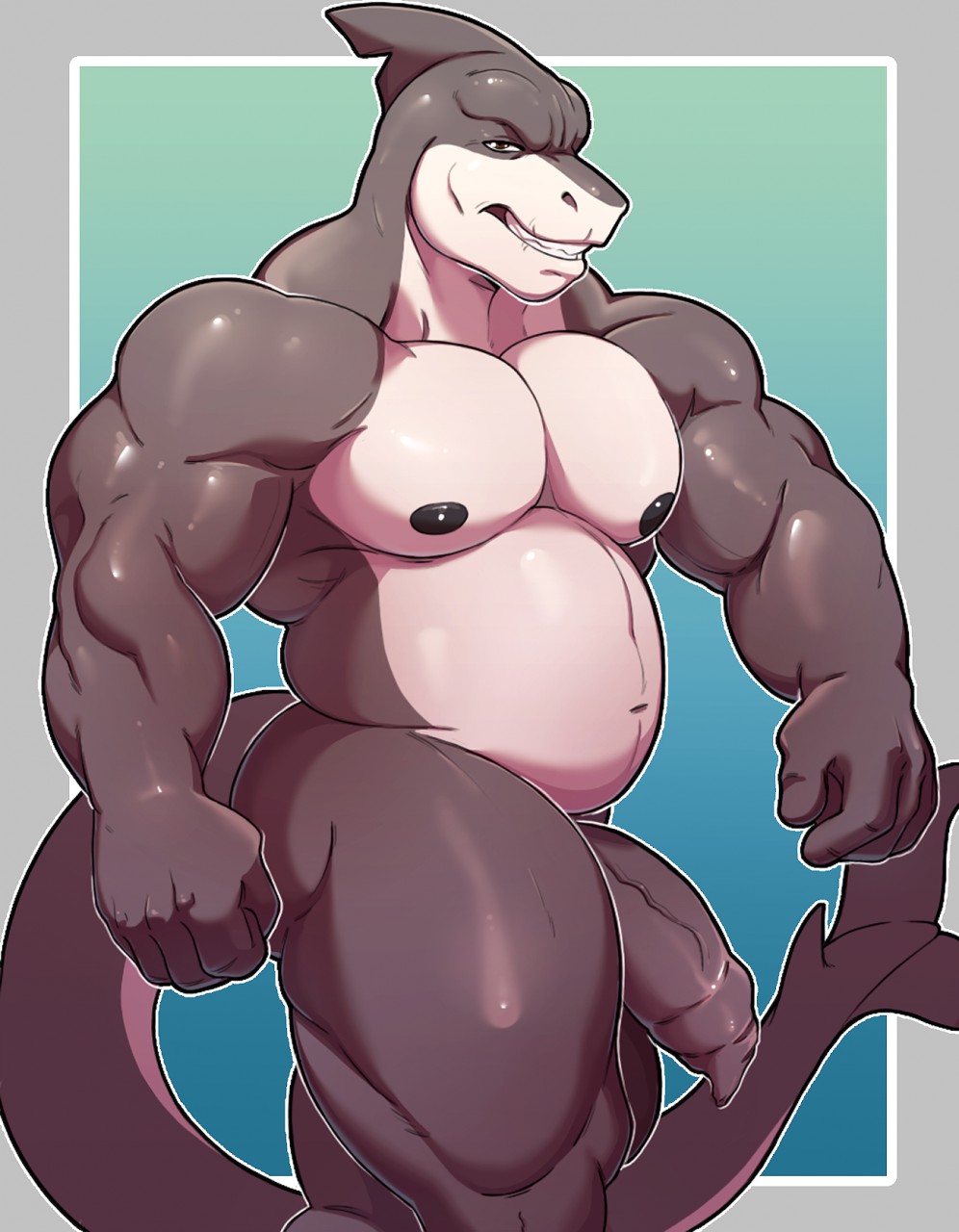 anthro anthro_shark balls barry_nauticus barry_nauticus_(keto_artic_wolf) belly biceps cock daddy dick dilf foreskin gay grey_and_white_skin gut knuxlight male marine musclegut muscles muscular_dude muscular_shark naked naked_male nipples pecs pin-up shark tail triceps uncut